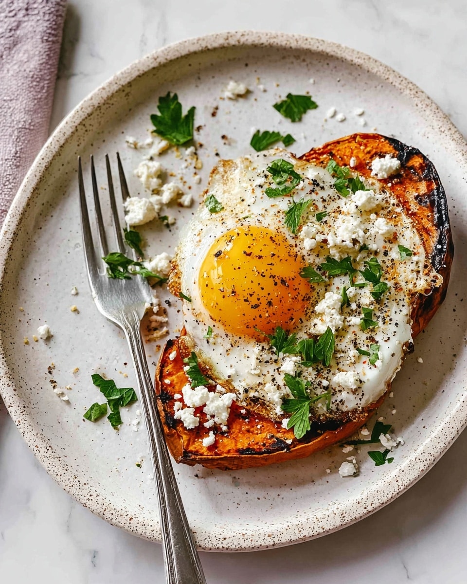 A white speckled plate holds two thick slices of grilled sweet potato with charred edges as the first layer; on top sits a sunny-side-up fried egg with a bright yellow yolk and slightly crispy white edges, sprinkled with black pepper and chopped fresh green parsley. Small white crumbles of cheese are scattered across the egg, sweet potato, and plate, adding texture and color contrast. A stainless steel fork rests on the left side of the plate against a white marbled surface in the background. photo taken with an iphone --ar 4:5 --v 7