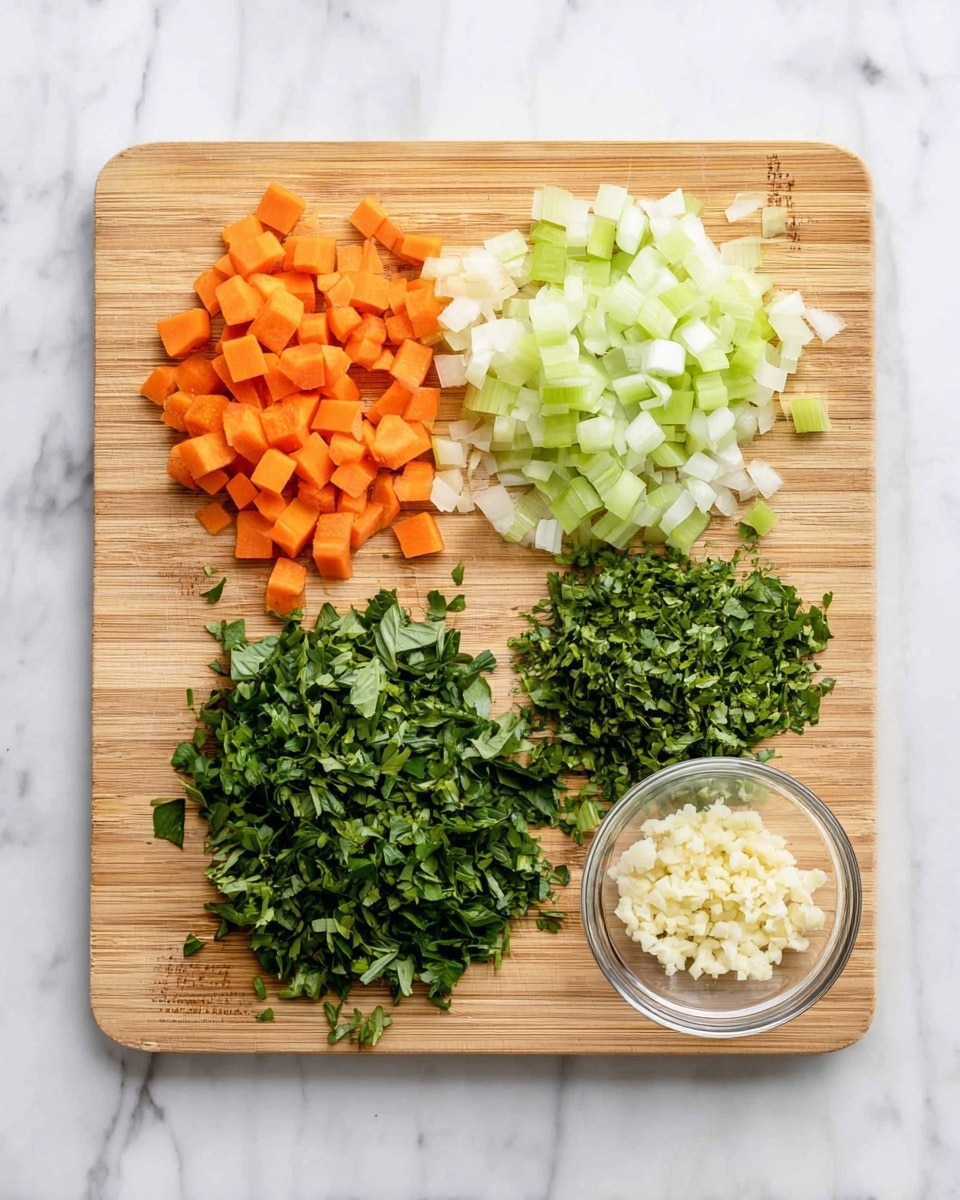 A wooden cutting board placed on a white marbled surface holds neatly chopped vegetables and herbs arranged in separate piles. From left to right, the top row shows small orange carrot cubes, light green celery pieces, and white onion bits. Below them, there are finely chopped dark green basil leaves on the left and fresh parsley leaves in the middle. On the right side, a small clear glass bowl contains minced garlic. The overall image is clean and bright, highlighting the fresh ingredients ready for cooking. photo taken with an iphone --ar 4:5 --v 7
