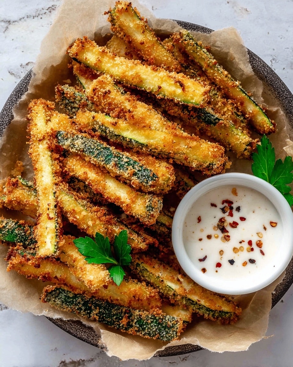 A round white plate lined with parchment paper holds many crispy, golden-brown fried zucchini sticks piled up with a crunchy texture and green edges visible underneath the breading. To the right side of the plate, a small white bowl contains a creamy white dipping sauce topped with cracked black pepper and red pepper flakes. A single green parsley leaf decorates near the bowl. The background is a white marbled texture. Photo taken with an iphone --ar 4:5 --v 7