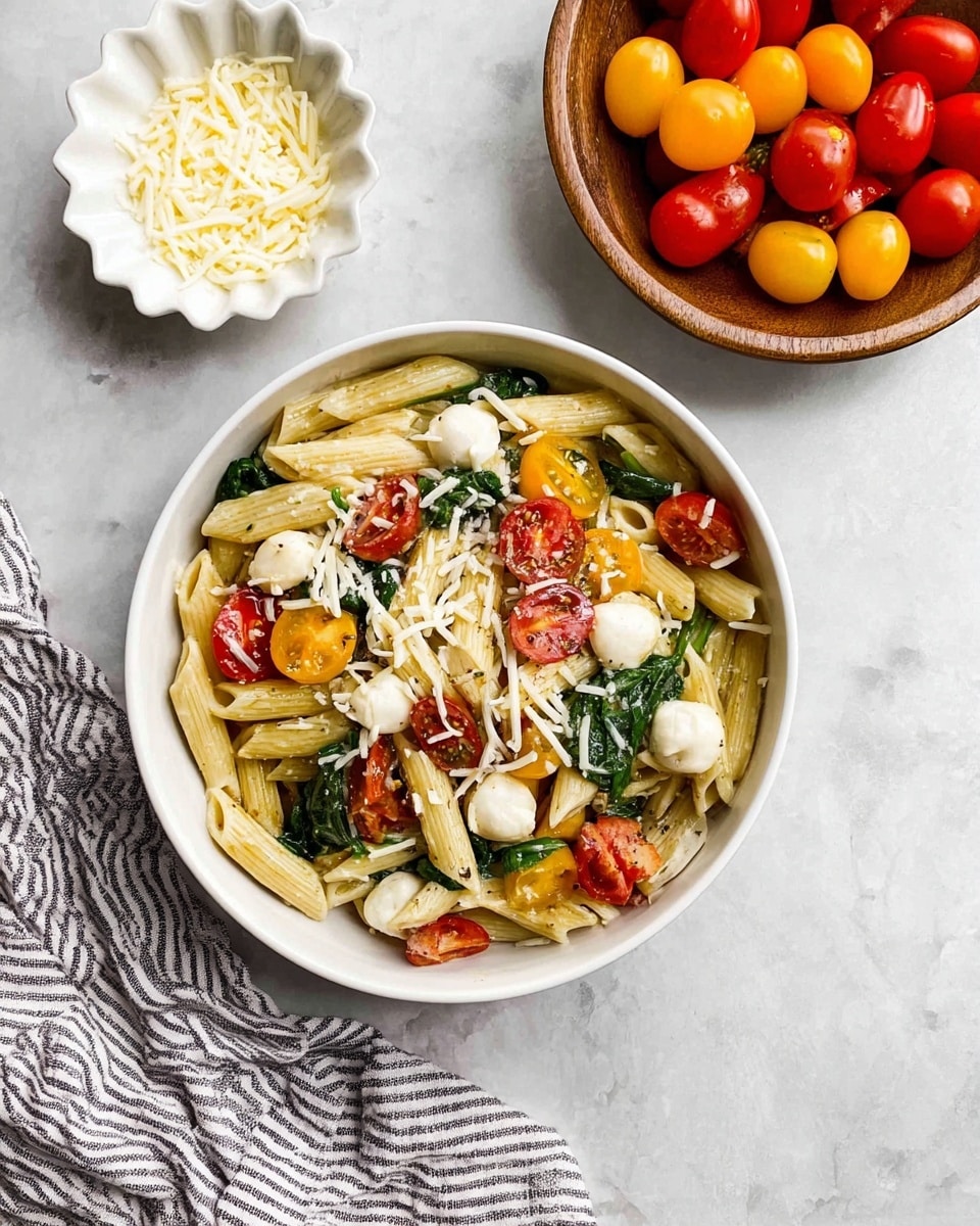 A white bowl is filled with penne pasta mixed with a layer of green spinach leaves scattered within. On top and throughout, there are bright red and yellow cherry tomatoes, and small white mozzarella balls. Shredded white cheese is sprinkled over the pasta, adding texture and a soft layer on top. Next to the bowl, on the right side, there is a wooden bowl full of more red, orange, and yellow cherry tomatoes. On the left, a small white scalloped bowl contains additional shredded white cheese. All items sit on a white marbled surface with a striped cloth visible at the bottom left corner. Photo taken with an iphone --ar 4:5 --v 7