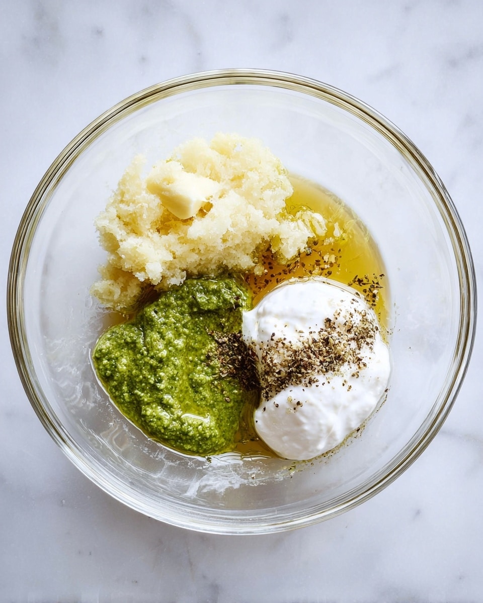 In a clear glass bowl placed on a white marbled surface, there are four distinct layers of ingredients arranged separately but close together. On the left, there is a pale yellow chunky texture that looks like crushed garlic. Next to it, slightly below, is a bright green, thick, and smooth pesto-like layer with a glossy finish. Above this green layer, near the top right, there is a shiny, pale golden oily liquid with some specks of dark pepper floating in it. To the right, there is a fluffy white dollop resembling soft cream or yogurt, topped with a small mound of ground black pepper. The bowl is shown from a top-down view, capturing all layers clearly with soft natural light. Photo taken with an iphone --ar 4:5 --v 7