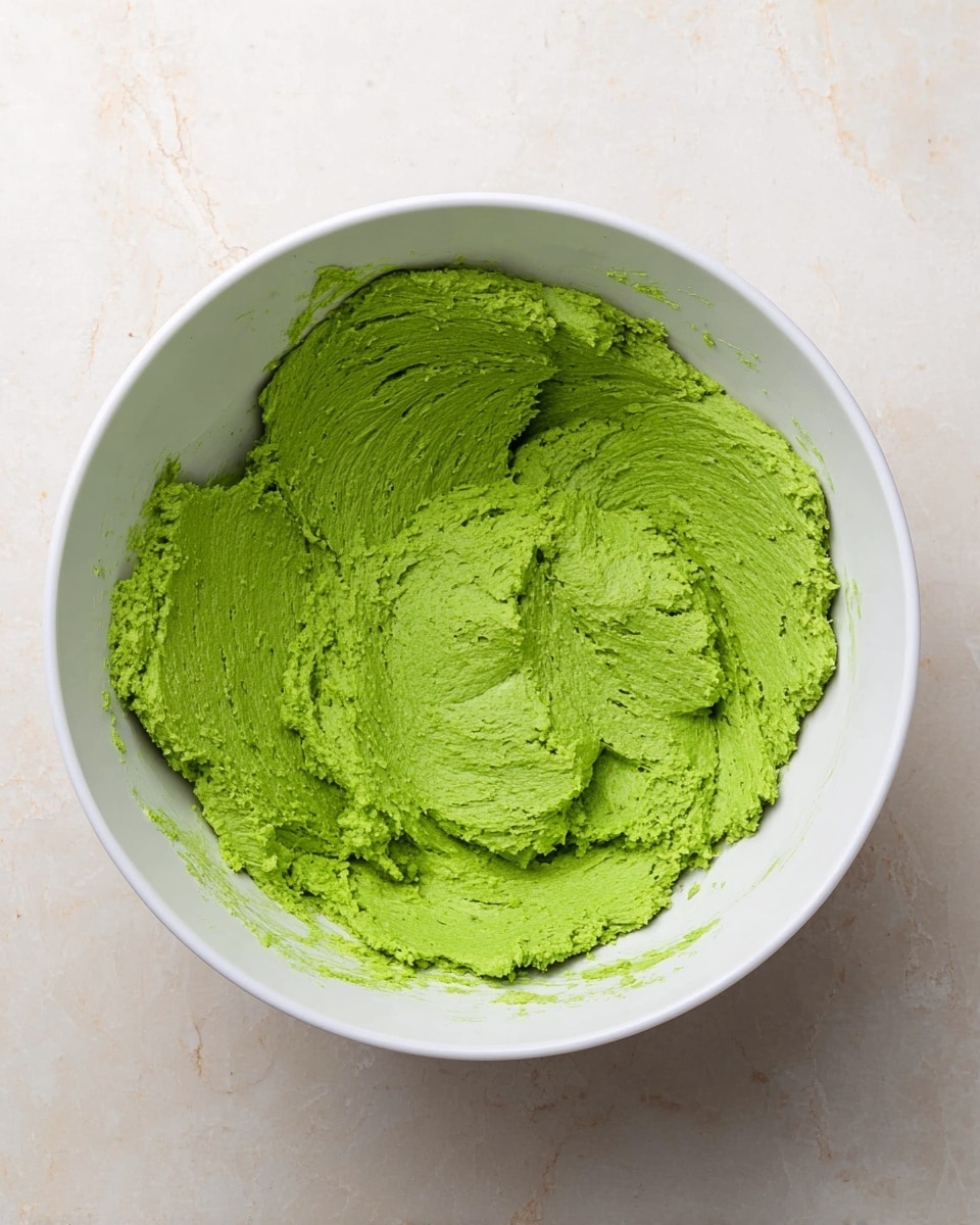 A large white bowl sits on a white marbled surface, filled with one thick layer of bright green dough that looks soft and slightly rough in texture. The green dough spreads unevenly inside the bowl, showing small ridges and mixing marks across its surface. The bowl’s interior is plain, with small traces of the green dough along the sides. Photo taken with an iphone --ar 4:5 --v 7