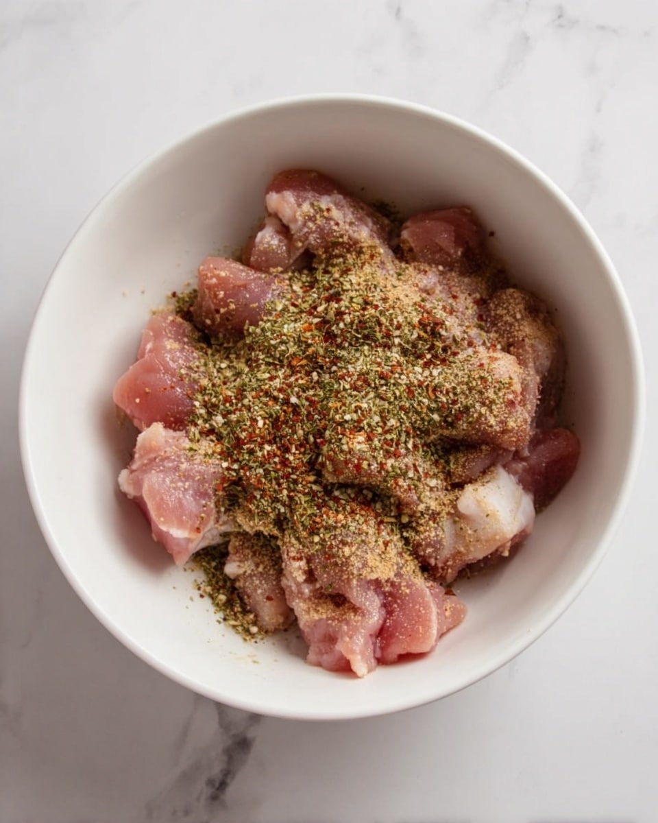 A white bowl sits on a white marbled surface, filled with small pieces of raw pink meat layered at the bottom. On top of the meat is a sprinkle of different dry herbs and spices, showing green, red, and brown colors mixed evenly over the meat. The texture of the meat is soft and moist, while the spices create a fine, powdery layer on top. The bowl is clean and simple, emphasizing the freshness of the ingredients inside. photo taken with an iphone --ar 4:5 --v 7