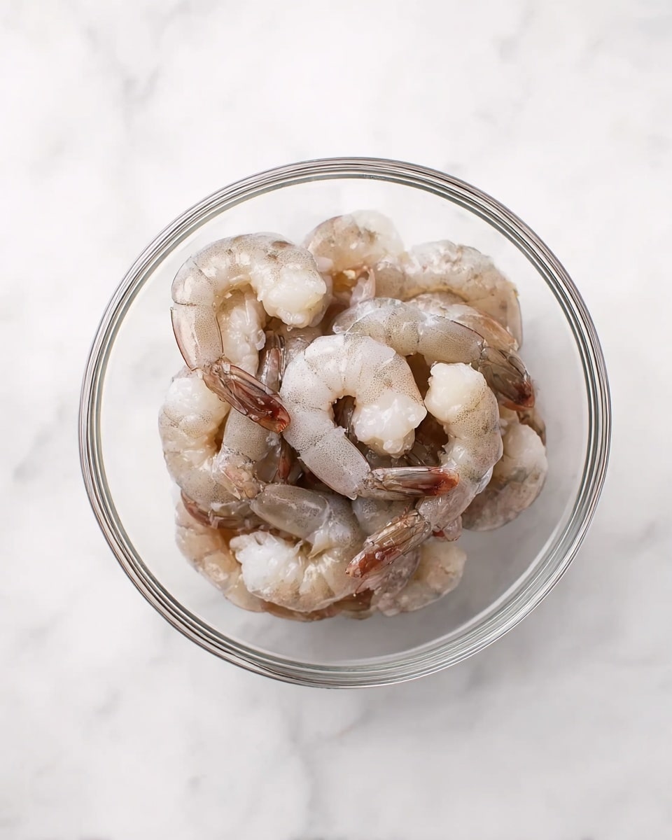 A clear glass bowl filled with a single layer of raw shrimp on a white marbled surface. The shrimp are pale gray with touches of pink around their tails, showing a smooth, slightly wet texture. The shrimp are arranged loosely, with their curved bodies overlapping slightly inside the bowl. photo taken with an iphone --ar 4:5 --v 7