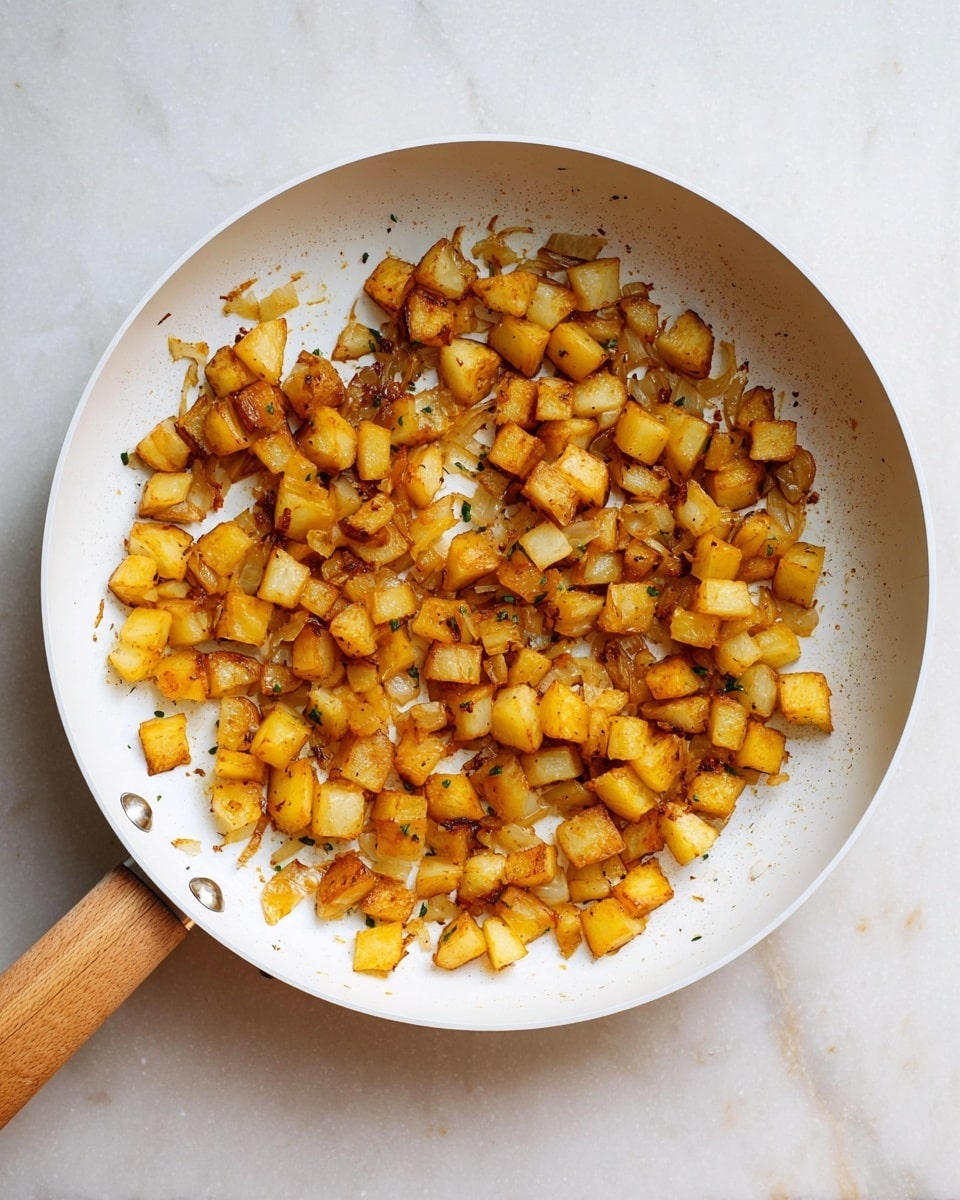 A white frying pan with a light wooden handle holds a single layer of small diced golden-brown potatoes and onions, scattered unevenly inside. The potatoes show some darker brown spots from cooking, mixed with light yellow and slightly translucent cooked onions. The background is a white marbled surface. photo taken with an iphone --ar 4:5 --v 7