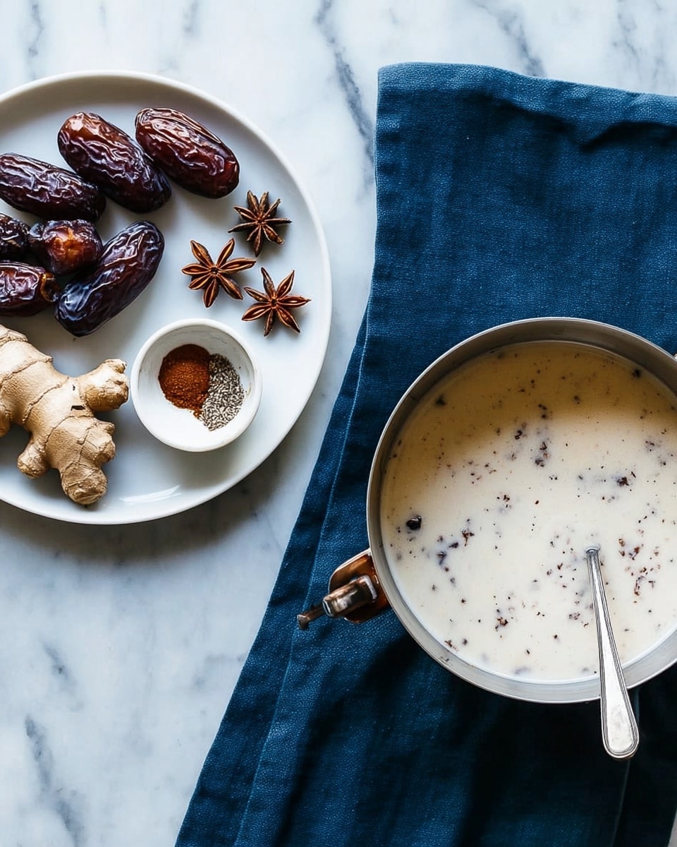 On the left, a white plate shows four dark brown dates, a cluster of light brown ginger roots, two star anise pods, and a small white bowl containing brown, black, and white powdered spices arranged neatly. On the right, a silver pot filled with creamy white liquid with dark specks on the surface has a silver spoon resting inside it, sitting on a deep blue cloth. Both are placed on a white marbled texture. Photo taken with an iphone --ar 4:5 --v 7