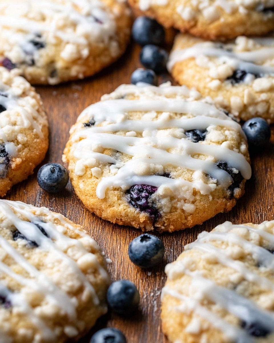 The image shows several round blueberry cookies laid on a wooden surface, each cookie with a light golden-brown base dotted with whole dark blue blueberries inside. On top of the cookies, there's a layer of crumbly white streusel sprinkled unevenly, giving them a rough texture. A thin drizzle of white icing is spread across each cookie in thin lines, slightly dripping over the edges and pooling on the wooden surface between the cookies. Whole fresh blueberries are scattered around the cookies, adding touches of deep blue against the warm cookie colors. photo taken with an iphone --ar 4:5 --v 7