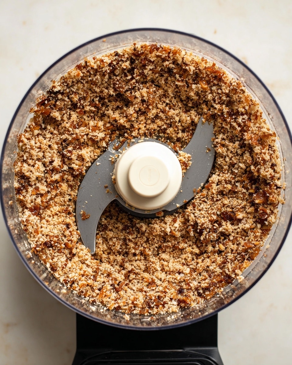The image shows a clear round food processor bowl filled with finely chopped nuts mixed with dates, creating a coarse, crumbly texture. The mixture is light brown with darker brown bits scattered evenly throughout. The metal blade in the center is partly covered by the nut-date mixture, and the white plastic top of the blade mechanism sits in the middle. The food processor sits on a black base, all placed on a white marbled surface. photo taken with an iphone --ar 4:5 --v 7