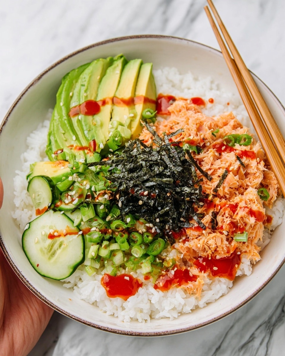 Canned Tuna Sushi Bowl with Bang Bang Sauce and Spicy Cucumber Salad Recipe