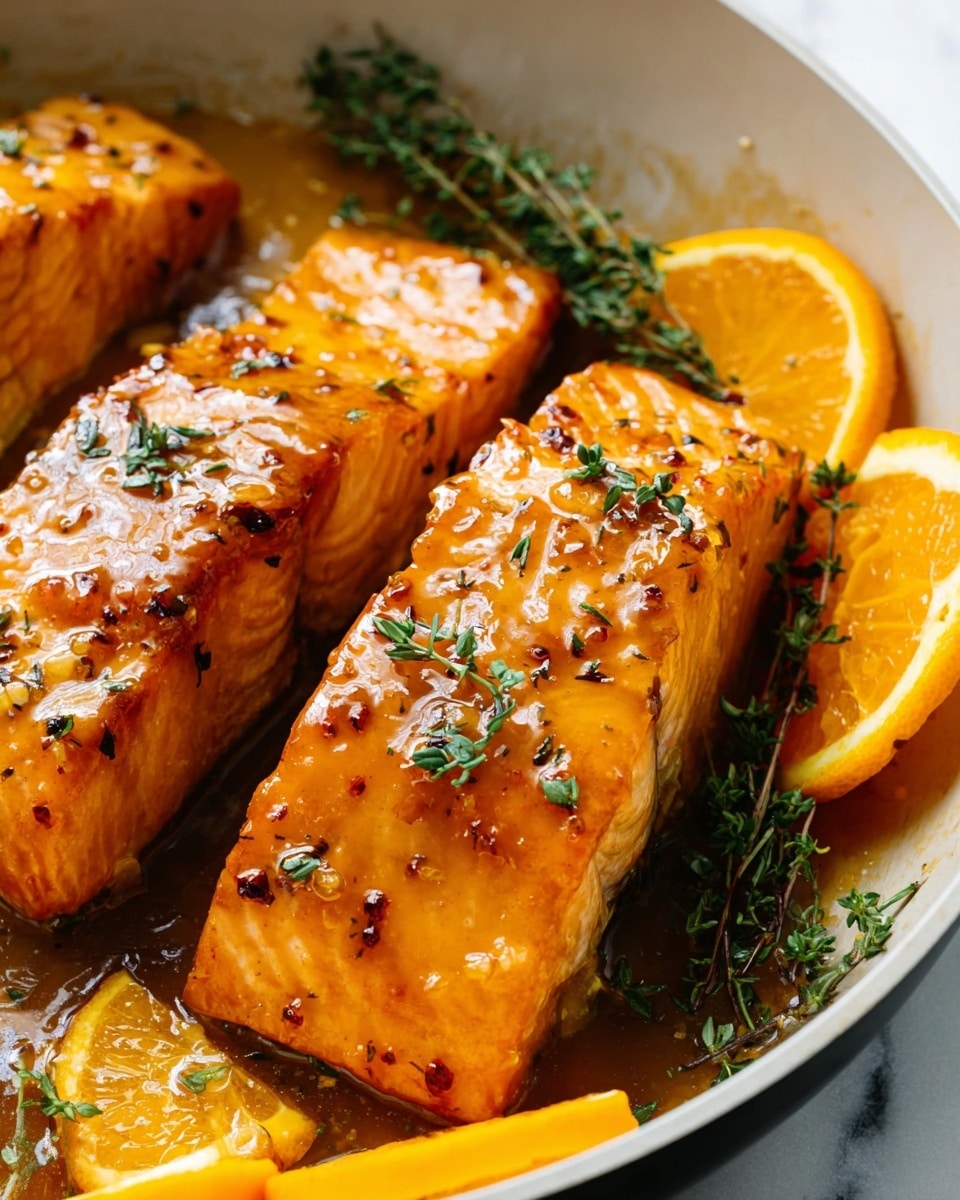 The image shows three pieces of cooked salmon, each with a shiny golden brown glaze covering the top, glistening with sauce. The salmon has a slightly flaky texture and is sprinkled with small bits of herbs. Around the fish, there are bright orange wedges placed in the pan, adding a fresh, vibrant color. Small green thyme sprigs are scattered on top of the salmon and near the orange wedges, giving a fresh look. The salmon rests in a white pan that contrasts with the shiny sauce and bright colors of the garnishes. The background is a white marbled texture. photo taken with an iphone --ar 4:5 --v 7