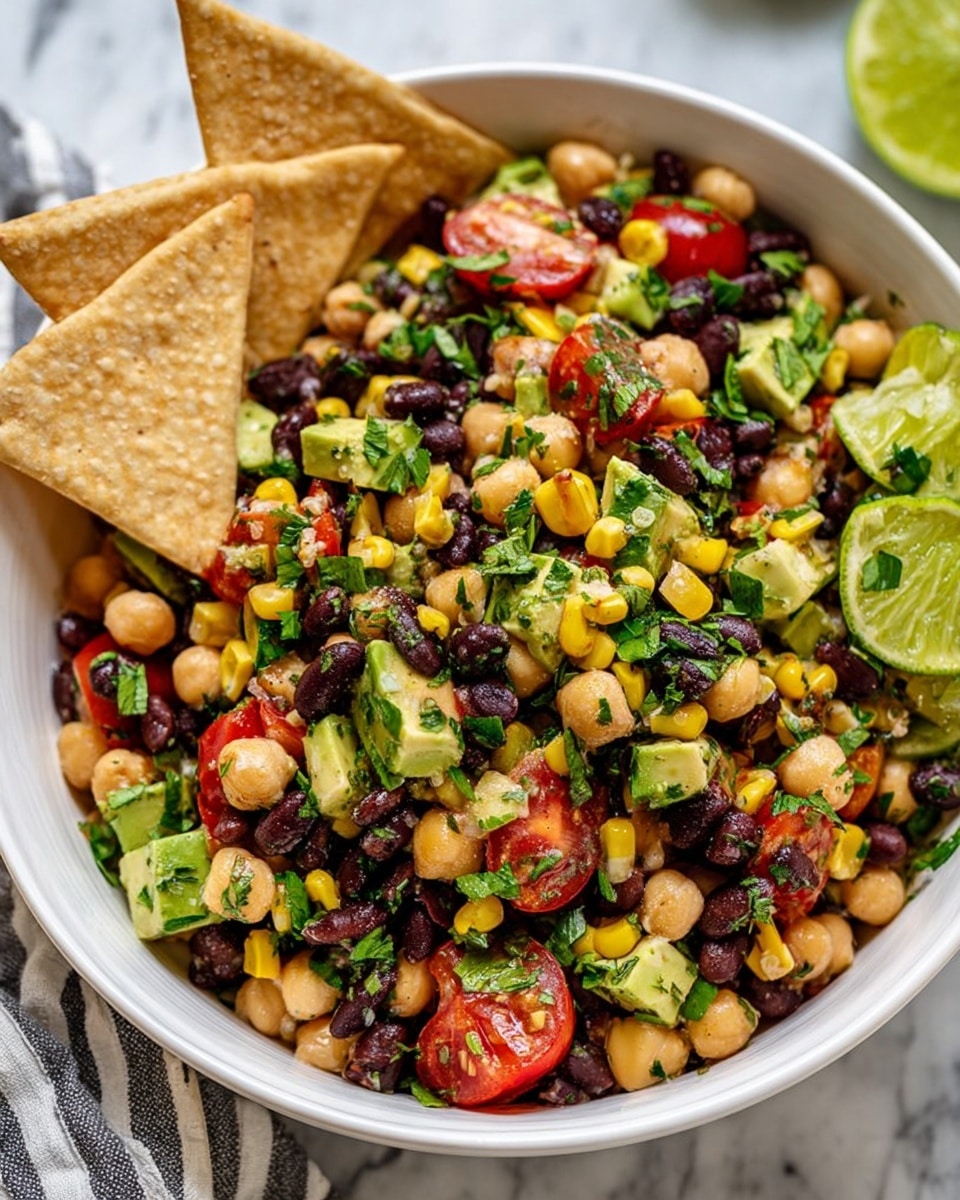 A white bowl filled with a colorful bean salad, layered with dark black beans and light beige chickpeas mixed with yellow corn kernels, bright red cherry tomato halves, small pieces of green avocado, and finely chopped green herbs scattered on top. Three light brown triangle-shaped crackers are placed standing at the edge of the bowl, with a wedge of green lime beside them. The background shows a white marbled surface with a striped cloth partially visible on the left side. Photo taken with an iphone --ar 4:5 --v 7