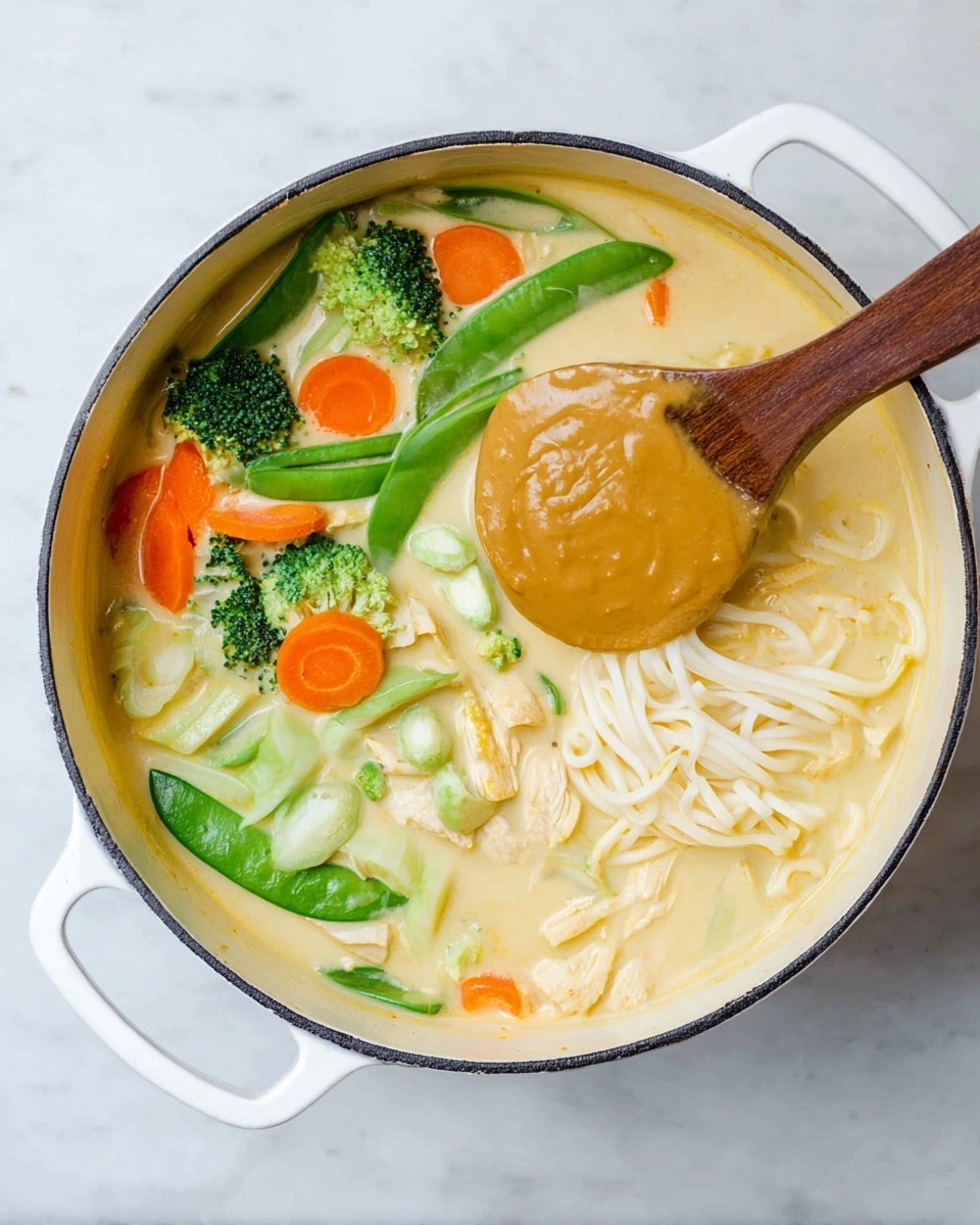 A white pot filled with a creamy light yellow soup base holding several layers: pieces of light green broccoli and bright orange carrot slices scattered on top; bright green snap peas adding long smooth shapes; thick white noodles layering underneath with some white chicken chunks; and a large dollop of thick tan peanut sauce sitting near the center on a wooden spoon partly submerged in the soup. The pot rests on a white marbled surface photo taken with an iphone --ar 4:5 --v 7
