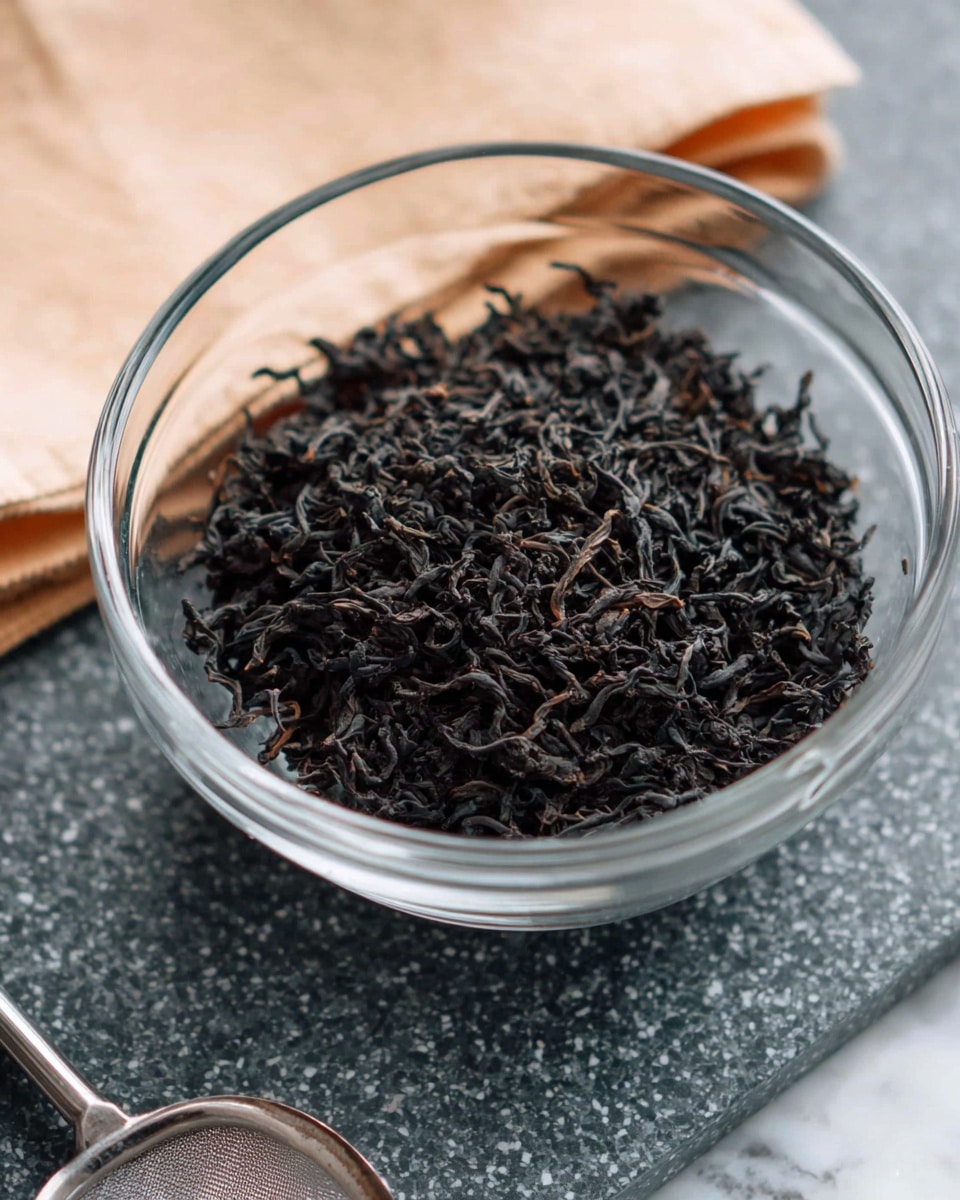 A clear glass bowl filled with loose black tea leaves, showing dark, twisted, and slightly curled texture. The bowl sits on a dark gray speckled surface next to a beige folded napkin, all set on a white marbled background. The focus is close-up, highlighting the fine details of the tea leaves' rough and dry appearance. photo taken with an iphone --ar 4:5 --v 7