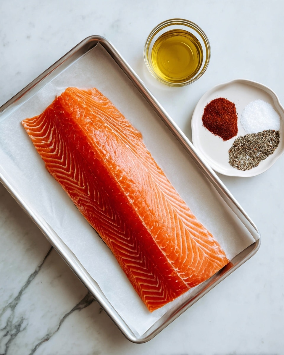 A large salmon fillet with vibrant orange and white marbled patterns lies flat on a white parchment paper inside a silver baking tray, showing smooth, wet texture and visible fat lines. To the upper left of the tray, there is a small clear glass bowl filled with golden olive oil. Next to it, a small round white plate holds three piles of spices: dark red paprika, white salt, and black pepper, arranged in a triangular shape. The scene is set on a white marbled surface. photo taken with an iphone --ar 4:5 --v 7