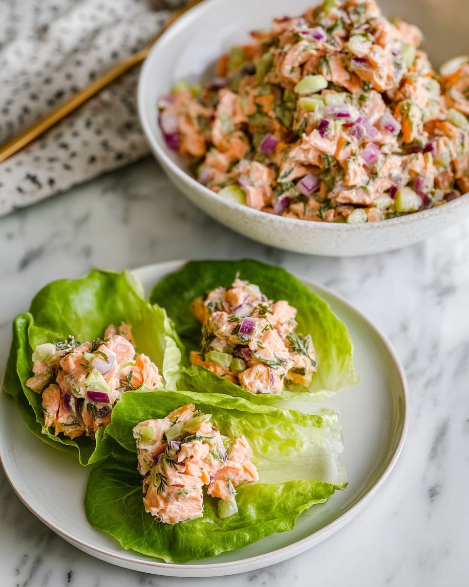 The image shows a white plate filled with a mix of chopped cooked salmon with pink-orange tones, diced light green celery, small pieces of red onion, and fresh herbs all combined with a creamy dressing, giving a slightly chunky texture. Below it, there is a second white plate with three green lettuce leaves, each topped with a bite-sized pile of the salmon salad mix. The plate and bowl sit on a white marbled surface. Photo taken with an iphone --ar 4:5 --v 7