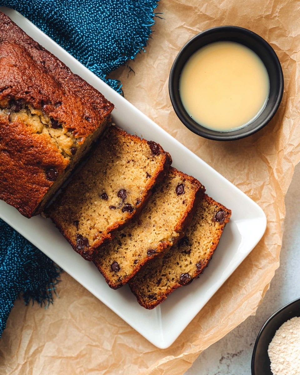 The image shows a white rectangular plate with three thick slices of golden-brown banana bread studded with dark chocolate chips on the left side. The bread has a slightly crisp crust and a soft, moist texture inside with visible darker spots. Next to the bread on the plate is a small black bowl filled with pale yellow smooth sauce. The plate is set on a crumpled beige paper surface, and a textured blue cloth is partially visible at the bottom edge. Another black bowl with a light-colored powder is partly visible on the right side. The photo taken with an iphone --ar 4:5 --v 7