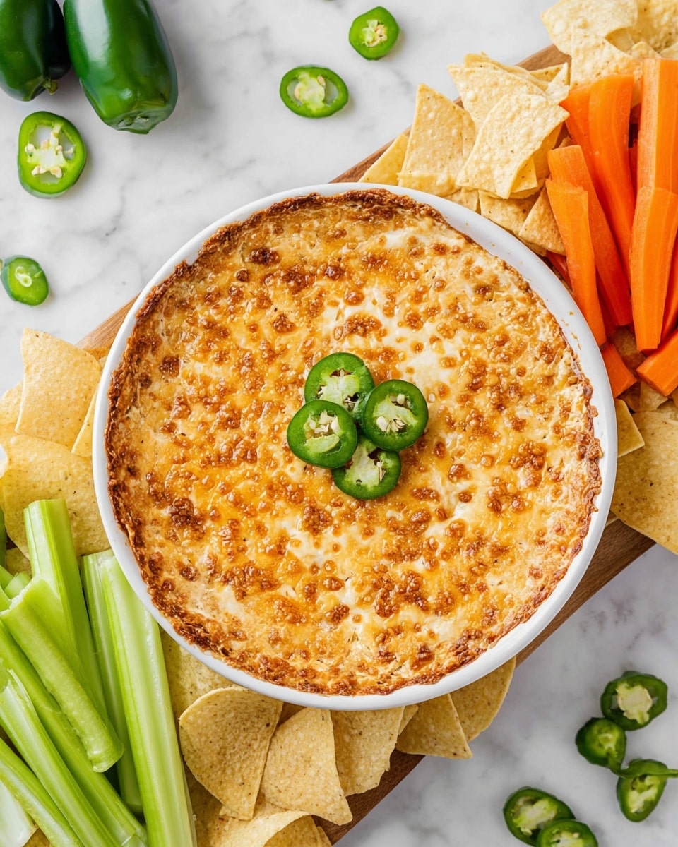 The image shows a round white bowl filled with a creamy baked dip topped with a golden brown crispy layer and three green sliced jalapeños placed in the middle. The dip has a textured surface with melted cheese and small browned bits on top. The bowl is surrounded by light beige tortilla chips, bright orange baby carrots on the right side, and fresh green celery sticks on the left side. The background is a white marbled texture with whole green jalapeño peppers and slices scattered around. Photo taken with an iphone --ar 4:5 --v 7