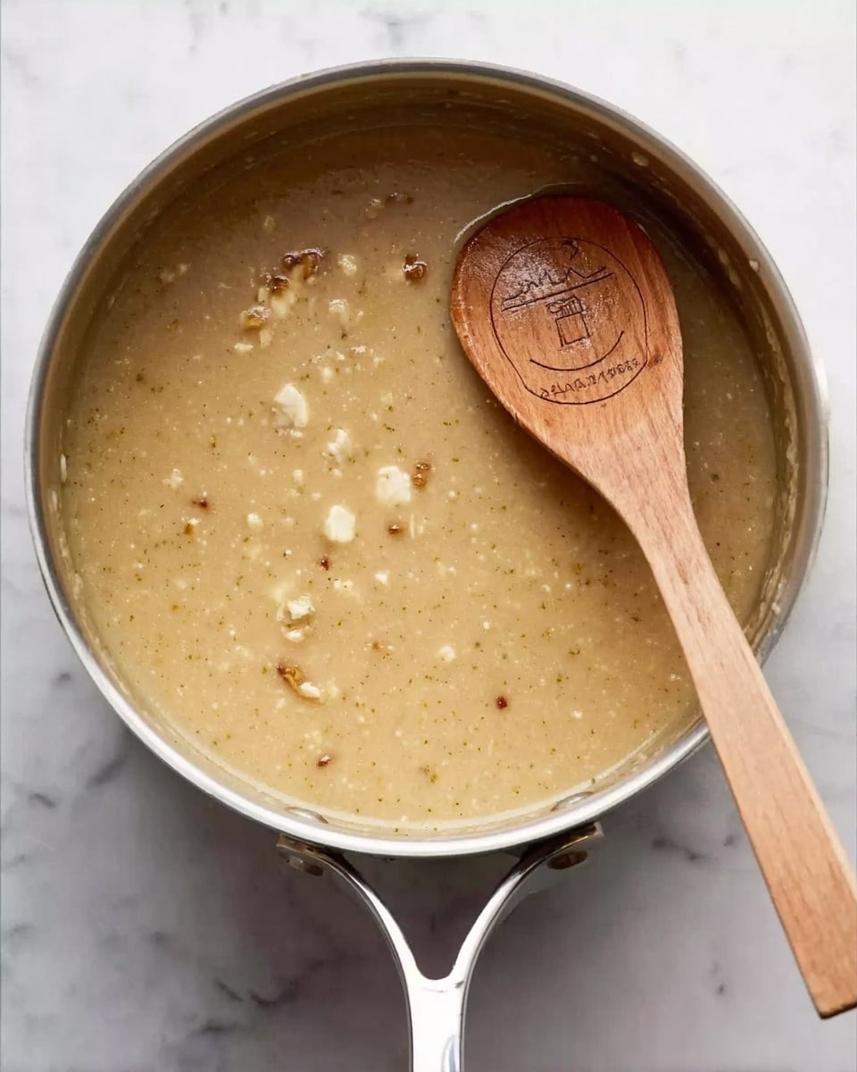 A close-up top view of a pot filled with thick, light beige soup with small pieces and bits visible throughout, creating a textured surface. Floating on the soup are a few small chunks. A wooden spoon with engravings rests on the right side of the pot, partially submerged in the soup. The pot has a silver handle and sits on a white marbled surface. Photo taken with an iphone --ar 4:5 --v 7