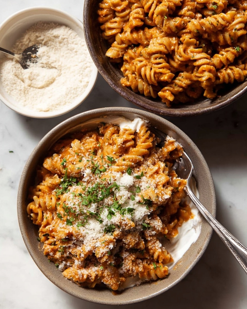 Two bowls filled with three layers of food each, resting side by side on a white marbled textured surface. The bottom layer is creamy white sauce barely visible under a thick layer of orange-brown pasta with spiral shapes, covered by a finely grated light tan topping sprinkled with small green herbs. A silver spoon sticks out from one bowl, carefully lifting some pasta. Nearby, a white bowl contains a light powder with a small silver spoon inside. photo taken with an iphone --ar 4:5 --v 7