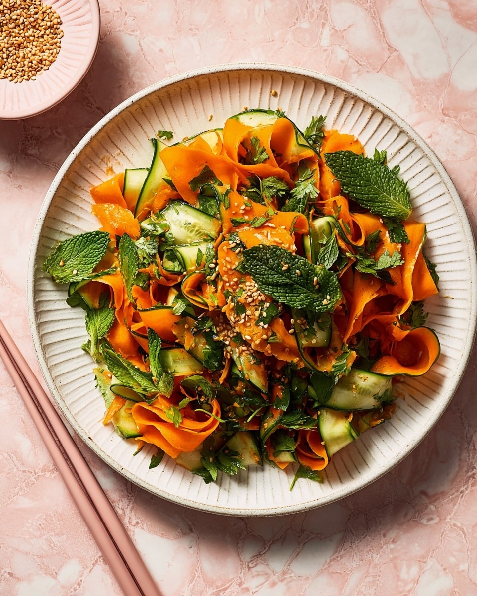 A white round plate with a textured rim holds a colorful salad made of thin, curled ribbons of bright orange carrot layered with folded, uneven strips of green cucumber. Mixed in between are fresh, dark green mint leaves and bright green flat-leaf coriander, scattered evenly across the salad. The top is sprinkled with small, tan sesame seeds for texture. The plate sits on a soft pink surface with a white marbled texture. Near the plate, pale pink chopsticks are positioned to the left. Photo taken with an iphone --ar 4:5 --v 7