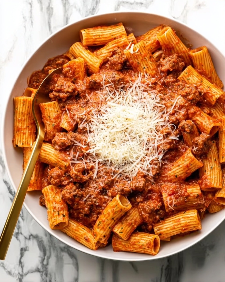 A white bowl filled with rigatoni pasta covered in thick red meat sauce with small chunks of meat throughout. The pasta pieces are tubular and ridged, layered evenly in the bowl with the sauce coating each piece. On top, there is a heap of finely shredded white cheese slightly melting into the hot pasta. Two golden spoons rest partially inside the bowl, positioned near the top left. The bowl is placed on a white marbled surface. Photo taken with an iphone --ar 4:5 --v 7