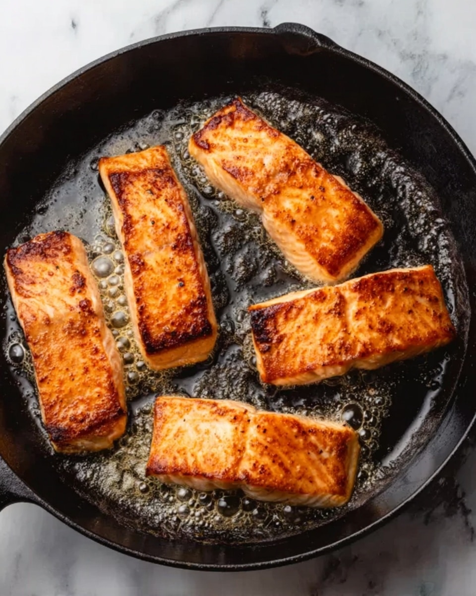 The image shows four pieces of cooked salmon in a black cast iron pan. The salmon has a golden brown and slightly crispy texture on top, with each piece laying flat in the pan. The pan is on a white marbled surface, and some bubbling oil is visible around the fish in the pan. Photo taken with an iphone --ar 4:5 --v 7