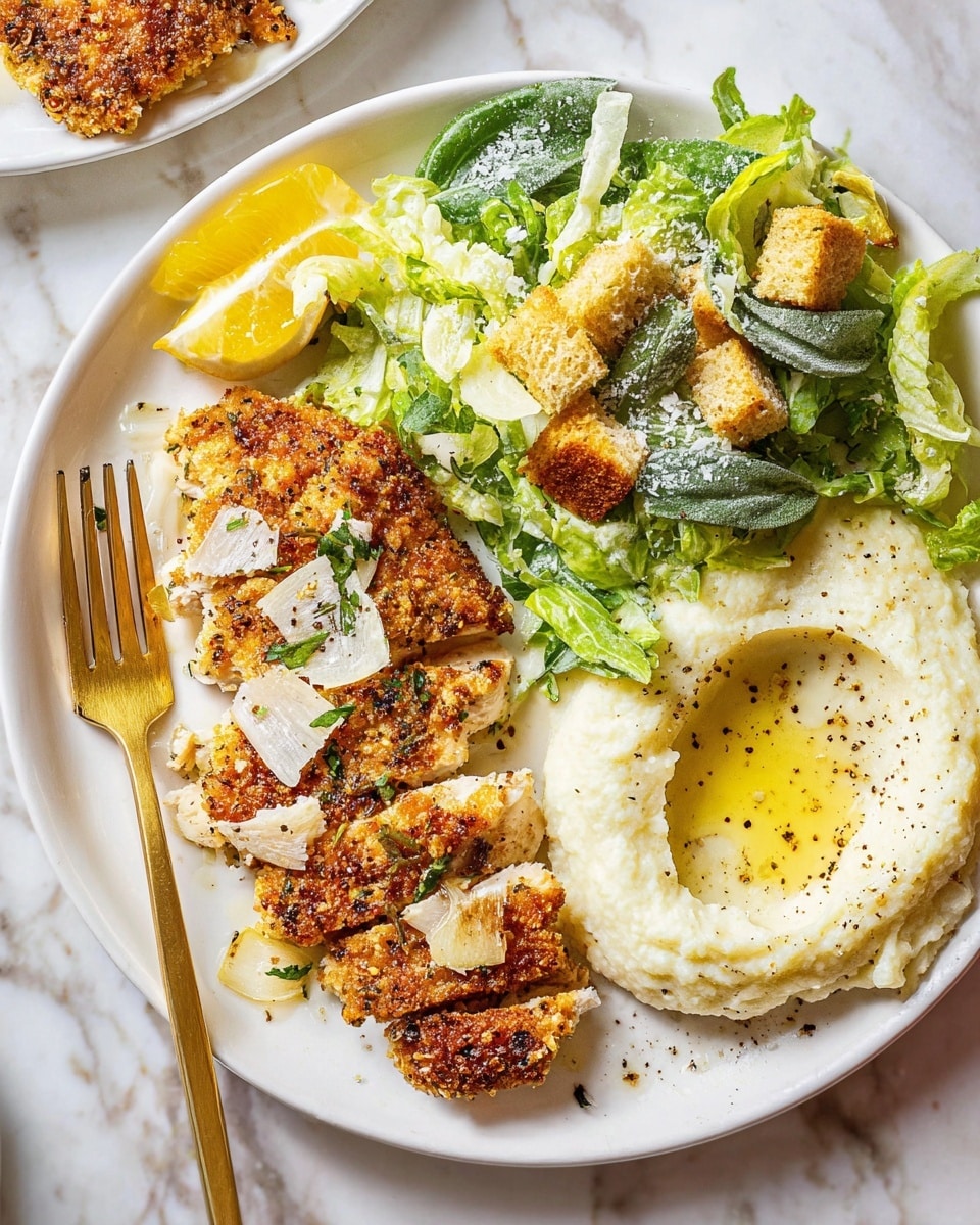 The dish is served on a white plate with three main parts: on the left bottom, there is a sliced golden brown crispy chicken with visible seasoning and small pieces of garlic on top, next to a lemon wedge; in the center, there is a small fresh green lettuce salad with croutons and a creamy dressing; on the right side, there is a smooth creamy mashed texture with a pool of melted butter and a sprinkle of black pepper. A gold fork is placed on the left side of the plate, resting partly on the salad and chicken. The whole plate is set on a white marbled surface. photo taken with an iphone --ar 4:5 --v 7