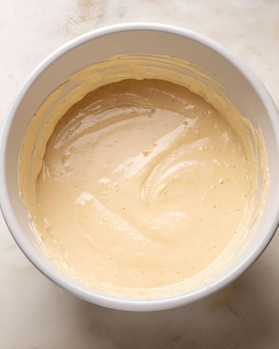 In a white mixing bowl on a white marbled surface, there is a smooth light beige batter with a glossy texture. The batter covers the bottom of the bowl evenly, showing small air bubbles throughout, and has a slightly thick consistency with soft folds and swirls around the edges. The sides of the bowl have thin streaks of batter clinging to them, adding to the sense of freshly mixed dough. photo taken with an iphone --ar 4:5 --v 7