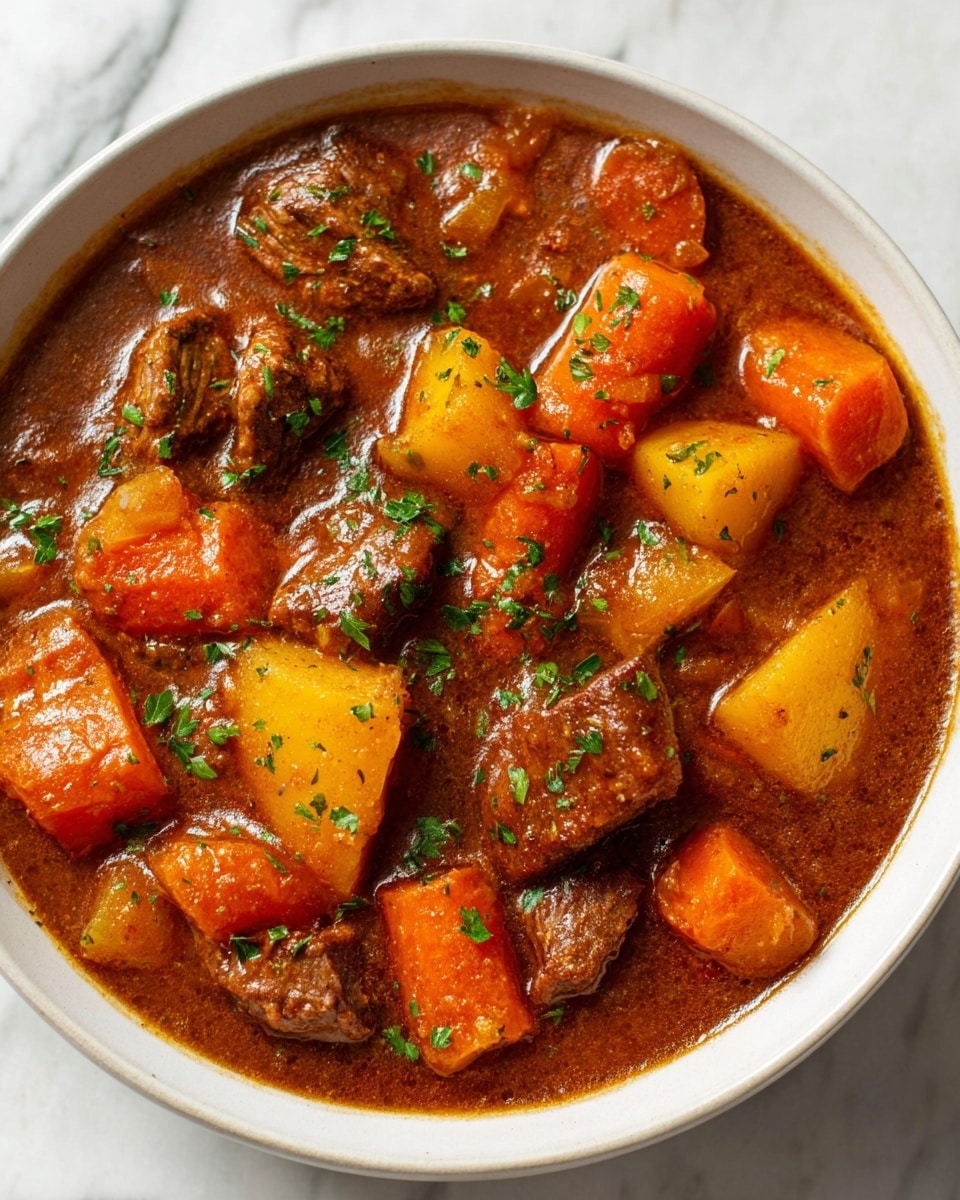A close-up view of a bowl filled with thick brown stew showing large chunks of orange carrots and yellow potatoes mixed with tender pieces of meat, all immersed in a rich, slightly glossy sauce. Small green herb bits are sprinkled on top, adding a fresh touch. The bowl is white, sitting on a white marbled surface. The texture of the stew looks hearty and chunky with a smooth sauce surrounding the ingredients. photo taken with an iphone --ar 4:5 --v 7