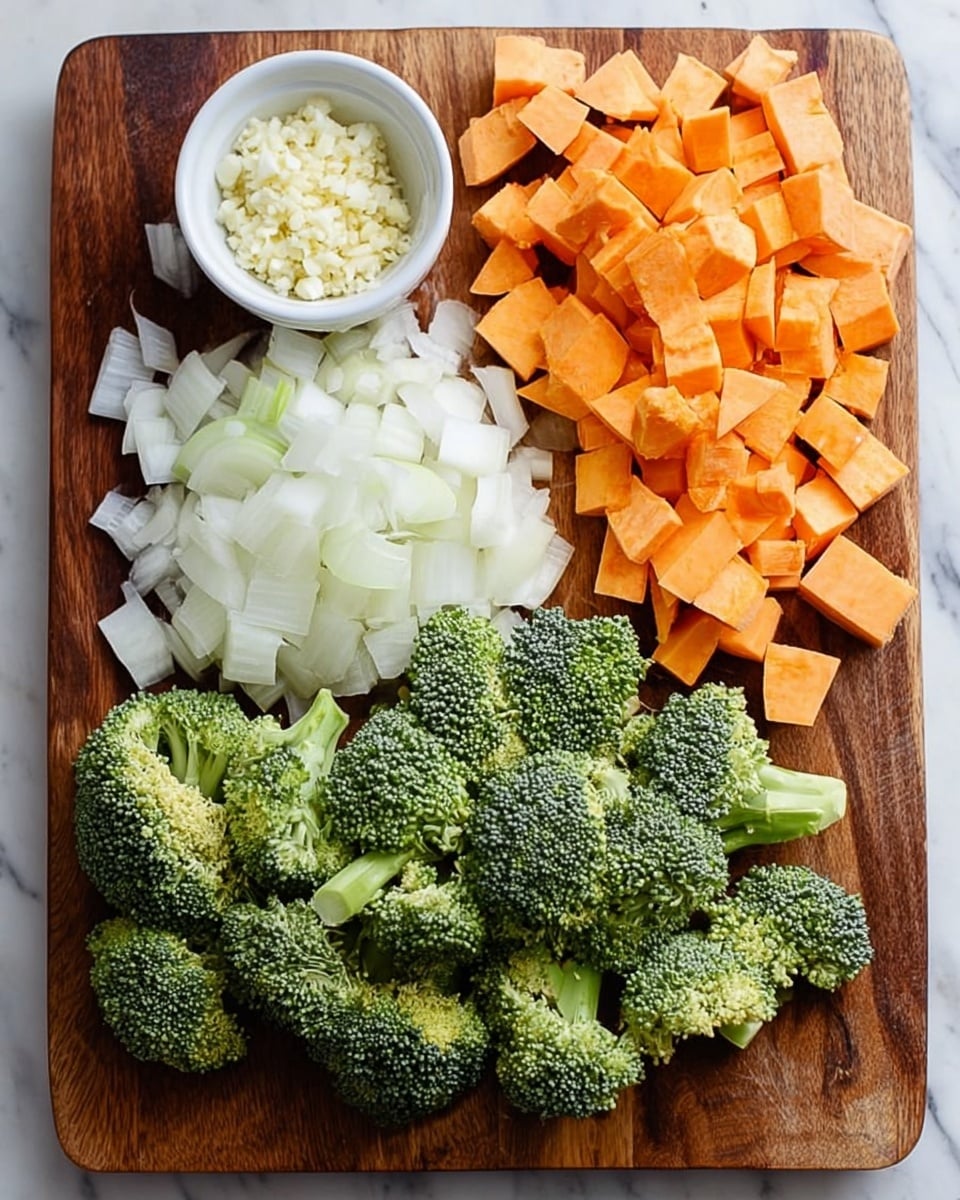 A wooden board placed on a white marbled surface holds an arrangement of chopped ingredients in four groups. In the top left corner, a small white bowl filled with minced garlic sits. To the right of the bowl, there is a layer of thinly sliced white onion with smooth, curved edges. Below the onion, fresh broccoli florets with rich green buds and light green stalks are neatly piled. On the right side of the board, bright orange sweet potatoes are cubed into small, uneven squares. The colors contrast well, showing the freshness and variety of the vegetables. photo taken with an iphone --ar 4:5 --v 7