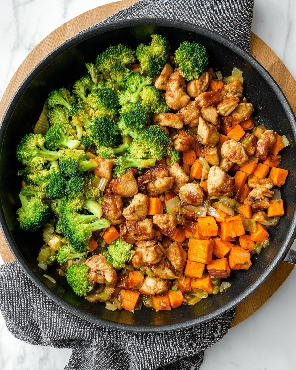 A black pan filled with a colorful stir fry of three main layers: bright green broccoli florets on top, golden brown pieces of chicken with a slightly crispy texture spread in the middle, and vibrant orange cubes of sweet potato at the bottom. Small bits of light brown garlic and onions are scattered throughout. The pan rests on a round wooden base, and a gray textured cloth is draped over the edge. The background is a white marbled surface. photo taken with an iphone --ar 4:5 --v 7