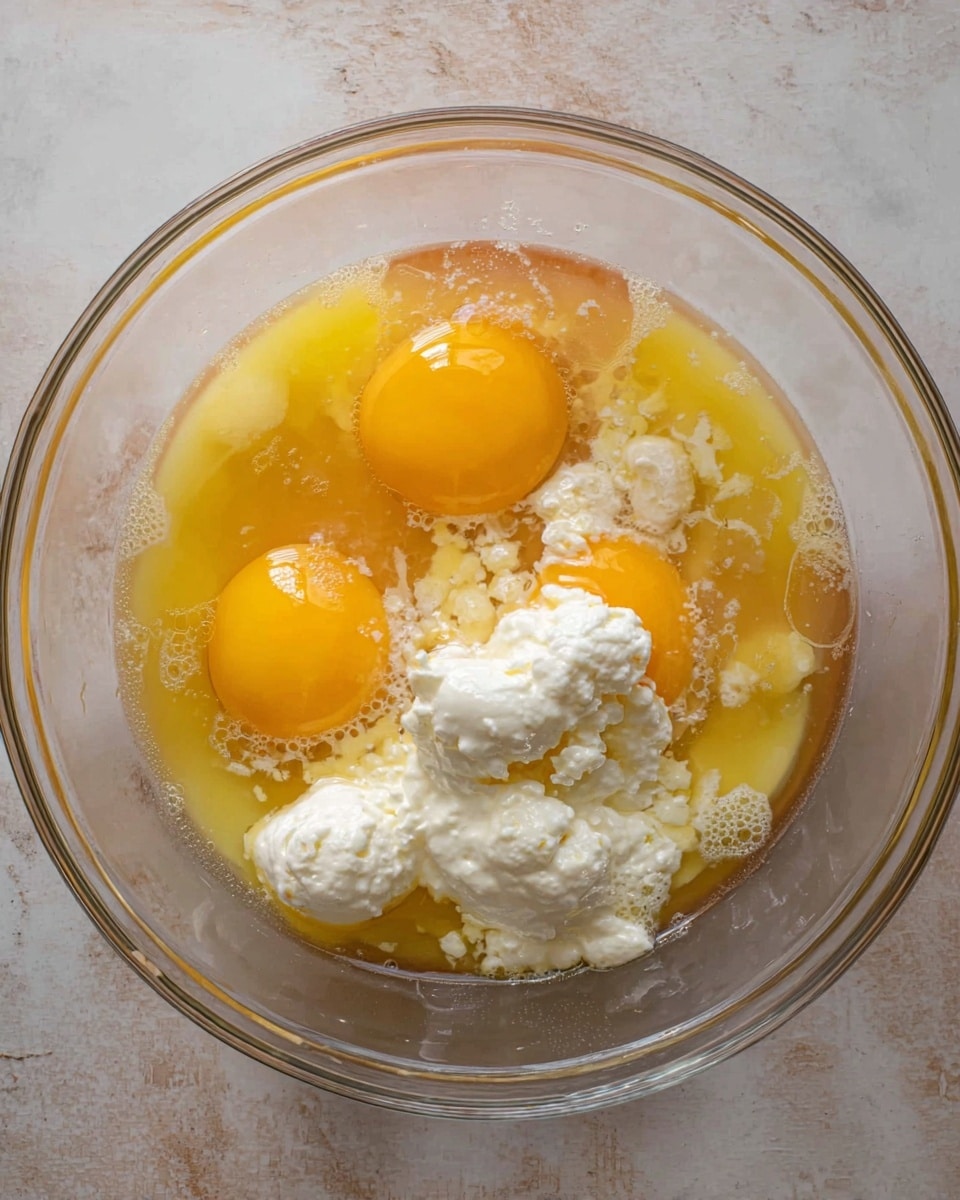 A clear glass bowl on a white marbled surface holds three raw eggs with bright yellow yolks and translucent whites. There are also clumps of white thick cream or yogurt, along with a light brown liquid, all floating on top of the eggs. The textures vary from smooth egg yolks to creamy white dollops and a slightly oily liquid spread across the surface. The bowl is seen from above, showing all these layers clearly. Photo taken with an iphone --ar 4:5 --v 7