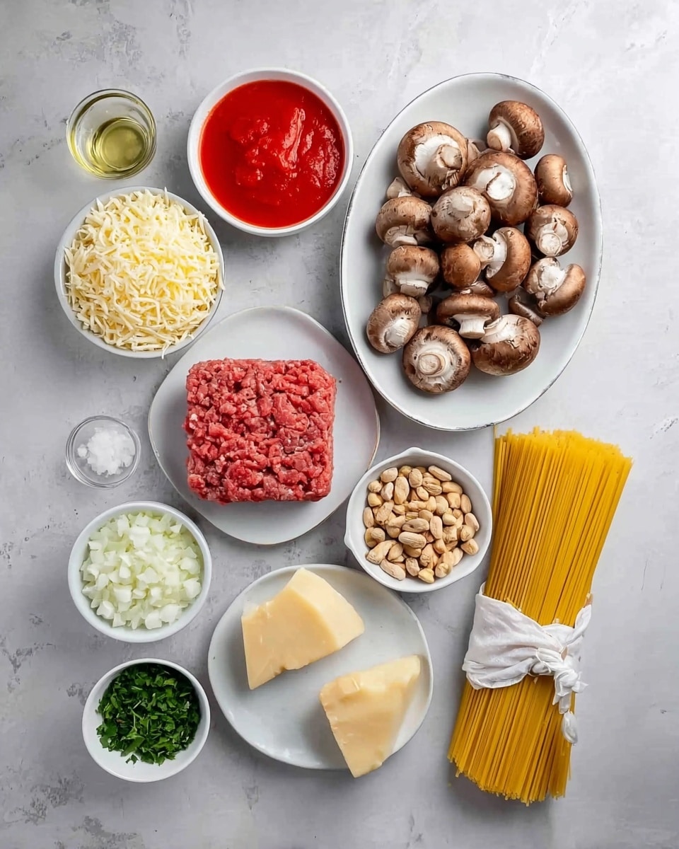 The image shows various ingredients arranged neatly on a white marbled surface. In the center right, there is a white oval plate filled with brown mushrooms. Next to it, on the right, is a bundle of uncooked spaghetti tied with a white string. Toward the bottom right, there are two white bowls filled with grated cheese of different colors - one pale yellow and one white. Below the mushrooms and spaghetti, there is a white bowl filled with chopped onions. To its left is a small white dish with chopped green herbs. Near the bottom left, a larger white plate holds a square block of raw ground meat. Above this plate is a white bowl filled with shredded cheese. To its top left, there is a white bowl with bright red chopped tomatoes and another bowl with smooth red tomato sauce. Near the top left corner, there is a small bowl of chopped green herbs, and next to it a small bowl of peanuts. At the upper right, a small glass cup holds a clear liquid, probably oil. The overall layout is clean and organized, with a variety of colors and textures displayed clearly. Photo taken with an iphone --ar 4:5 --v 7