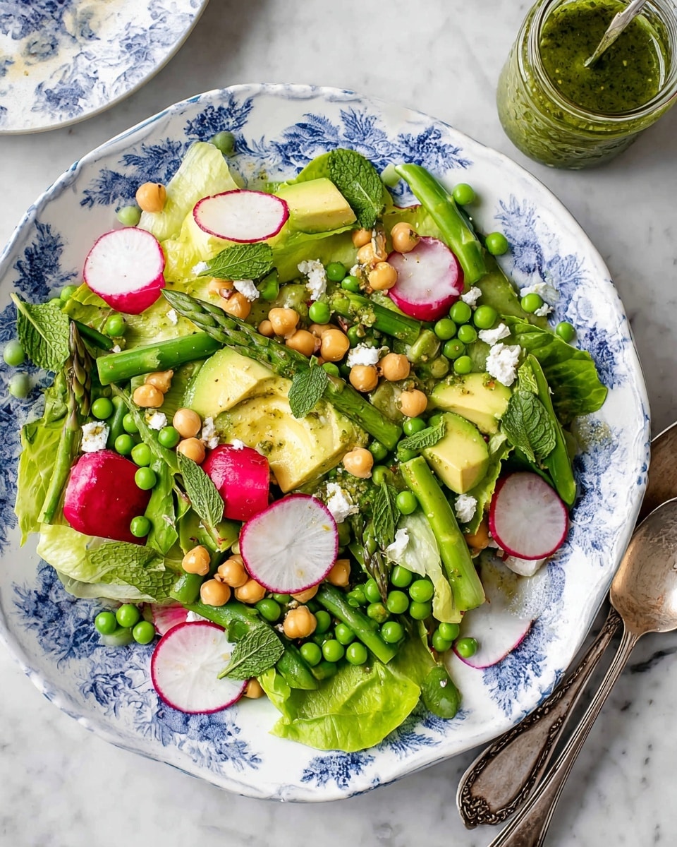 The image shows a fresh salad served in a white plate with blue floral patterns along the edge. The salad includes several layers: the bottom layer of green butter lettuce leaves, thin rounds of red and white radish spread evenly, and cut pieces of green asparagus placed diagonally. On top, there are bright green peas and yellow chickpeas scattered all over. Large chunks of pale green avocado are spread across the salad, along with small white crumbles of cheese. Green mint leaves and some pepper seasoning are visible on the top. Two silver spoons rest on the bottom right of the plate, placed on a white marbled surface. A small glass jar with green dressing and a spoon sits in the upper right corner. photo taken with an iphone --ar 4:5 --v 7