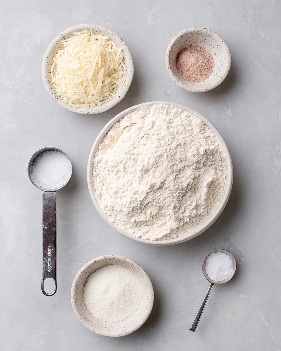A white round bowl filled with a large amount of white flour with two small white speckled bowls placed on top, one containing pink salt and the other holding white baking powder. To the left of the bowl, there is a metal measuring cup filled with shredded white cheese, and to the right, a metal measuring spoon holding a white solid ingredient. Below the main bowl are two white speckled bowls, one filled with coarse white sugar and the other empty. All items are laid out on a white marbled surface. Photo taken with an iphone --ar 4:5 --v 7