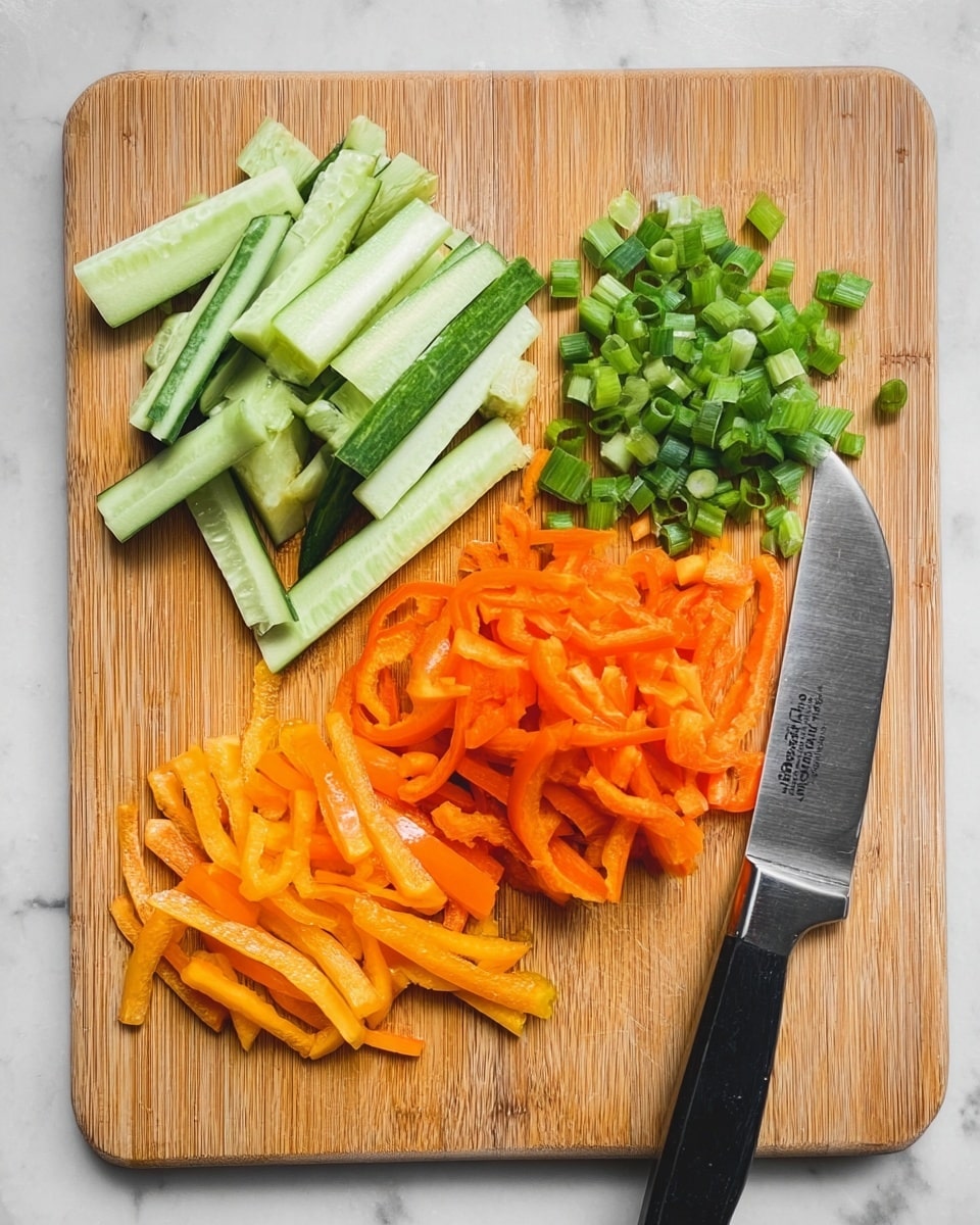 A wooden cutting board with four types of sliced vegetables arranged in four sections: at the top left are light green cucumber sticks with dark green skin edges, below them are small rounds of bright green spring onions, at the bottom center are thin orange carrot sticks, and at the top right are bright orange bell pepper strips. A shiny knife with a black handle rests on the right side of the board on the white marbled surface. The vegetables show fresh, smooth textures with crisp edges. photo taken with an iphone --ar 4:5 --v 7