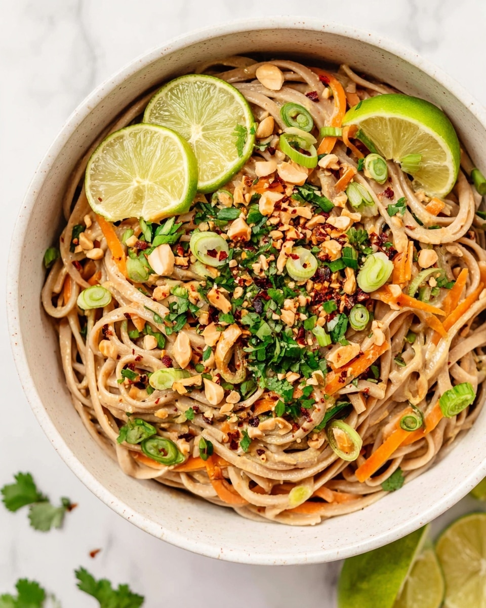 A white bowl filled with light brown noodles mixed with thin orange strips and small green round slices scattered throughout. On top, there are two half-moon lime slices placed near the edge, bright green herbs chopped finely, crushed light brown nuts, and bits of red flakes. The bowl is placed on a white marbled surface with extra lime slices nearby. The dish looks fresh with many small colorful toppings on soft noodles photo taken with an iphone --ar 4:5 --v 7