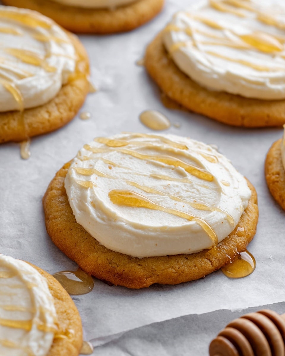 The image shows several round cookies with a soft, golden brown base layer. Each cookie has a thick, creamy white frosting layer spread evenly on top with a smooth texture and some soft swirls visible. Thin streams of light golden honey drizzle over the frosting and cookie, adding a shiny, sticky appearance. The cookies are placed on white parchment paper on a white marbled surface, with small drops of honey scattered around. A wooden honey dipper with honey on it is partially visible in the bottom right corner. photo taken with an iphone --ar 4:5 --v 7