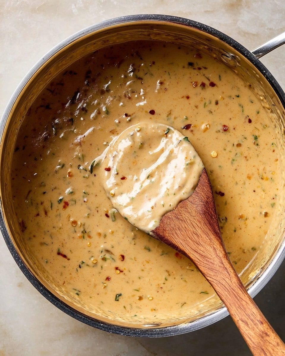 A close-up top view of a shiny silver pot filled with a thick, creamy beige sauce with visible small specks of green herbs and red spices mixed evenly throughout. A wooden spoon is partially dipped in the sauce, with the sauce coating the spoon and slightly swirling out, showing its smooth texture with some small clumps. The pot is placed on a white marbled surface. photo taken with an iphone --ar 4:5 --v 7