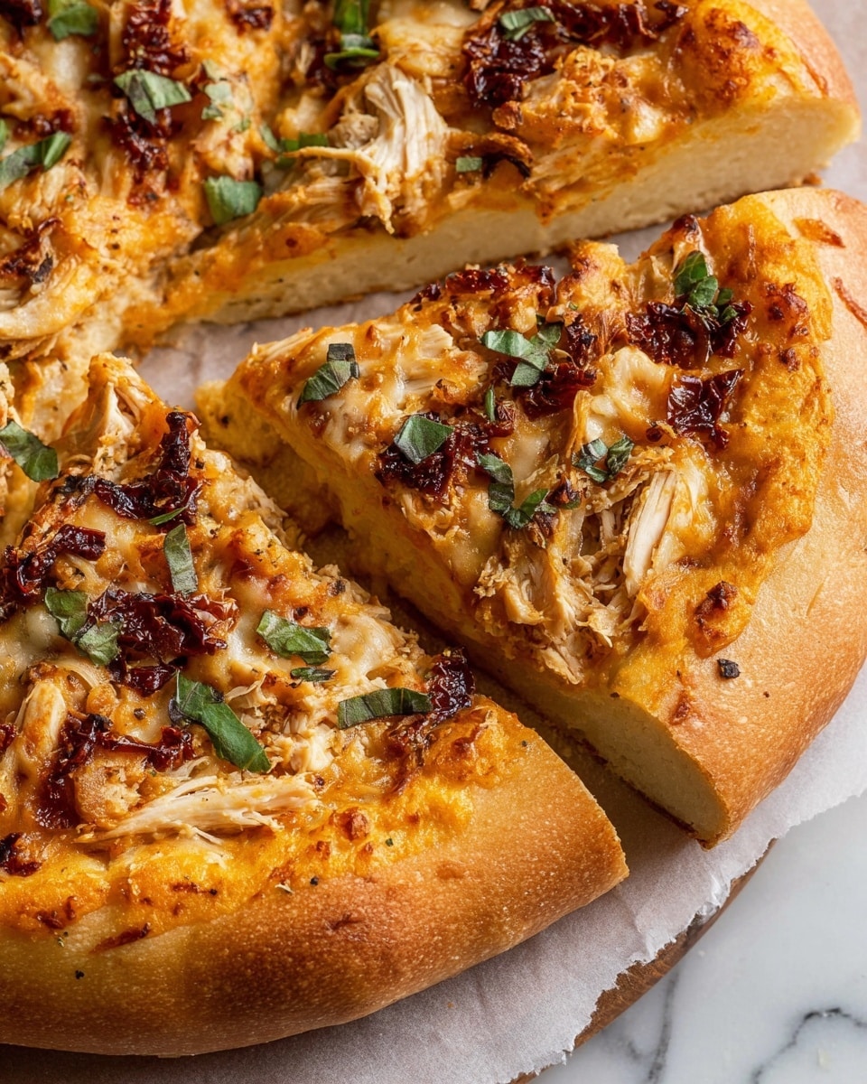 A close-up view of a thick pizza with a golden brown crust forming the base layer, topped by a creamy orange-colored sauce spread evenly as the second layer. On top, there are white shredded pieces of chicken scattered throughout as the third layer, dark brown bits of sun-dried tomatoes adding texture and color as the fourth layer, with small green fresh basil leaves as the fifth layer. The pizza is cut into slices resting on white parchment paper over a white marbled surface. Photo taken with an iphone --ar 4:5 --v 7