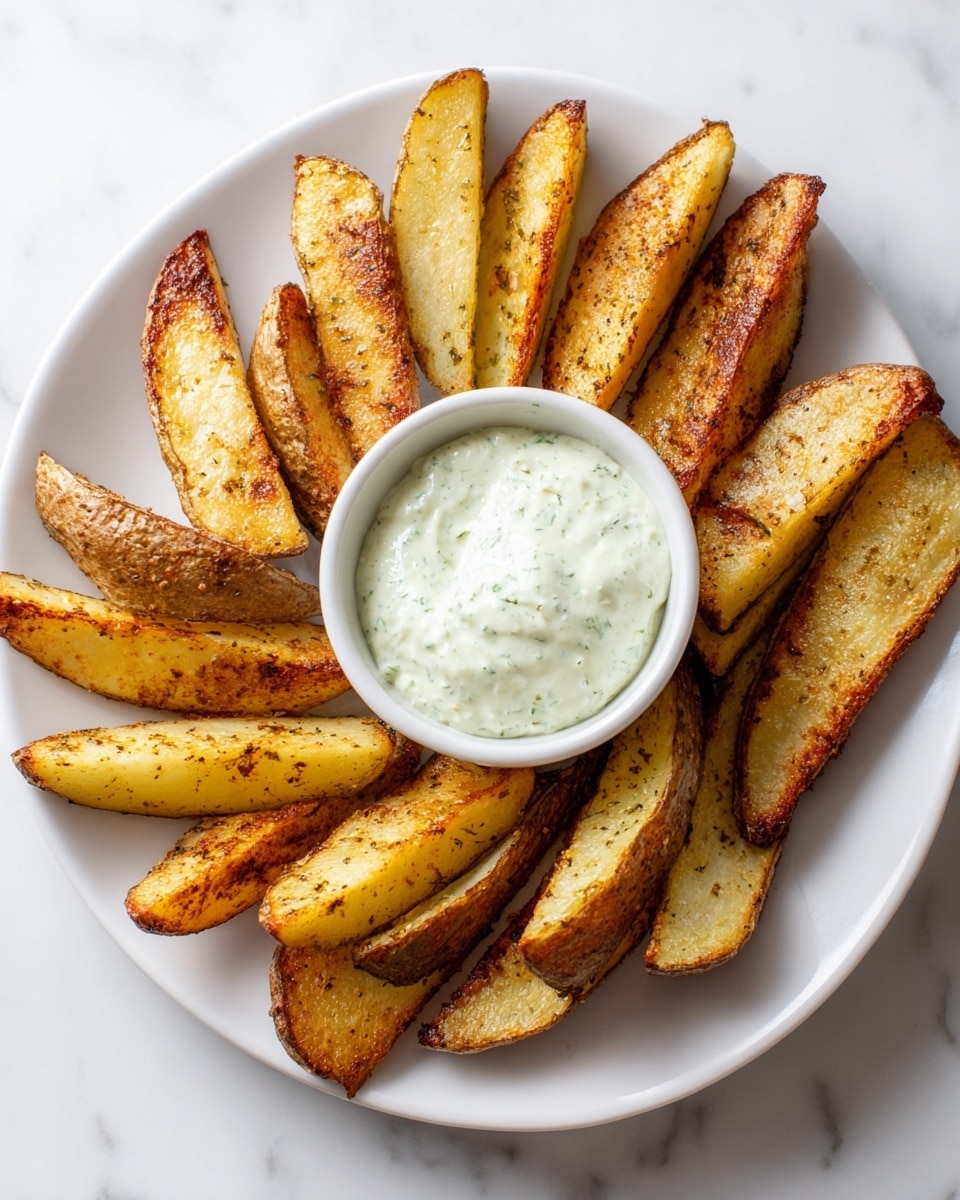 A white plate holds a circle of thick potato wedges arranged around a small white bowl filled with a light green creamy sauce. The potato wedges are golden brown with crispy edges and specks of herbs, showing a rough texture on the skin side and smooth soft inside. The bowl of sauce in the center has a slightly whipped texture and hints of green herbs mixed inside. The scene is set on a white marbled surface. photo taken with an iphone --ar 4:5 --v 7