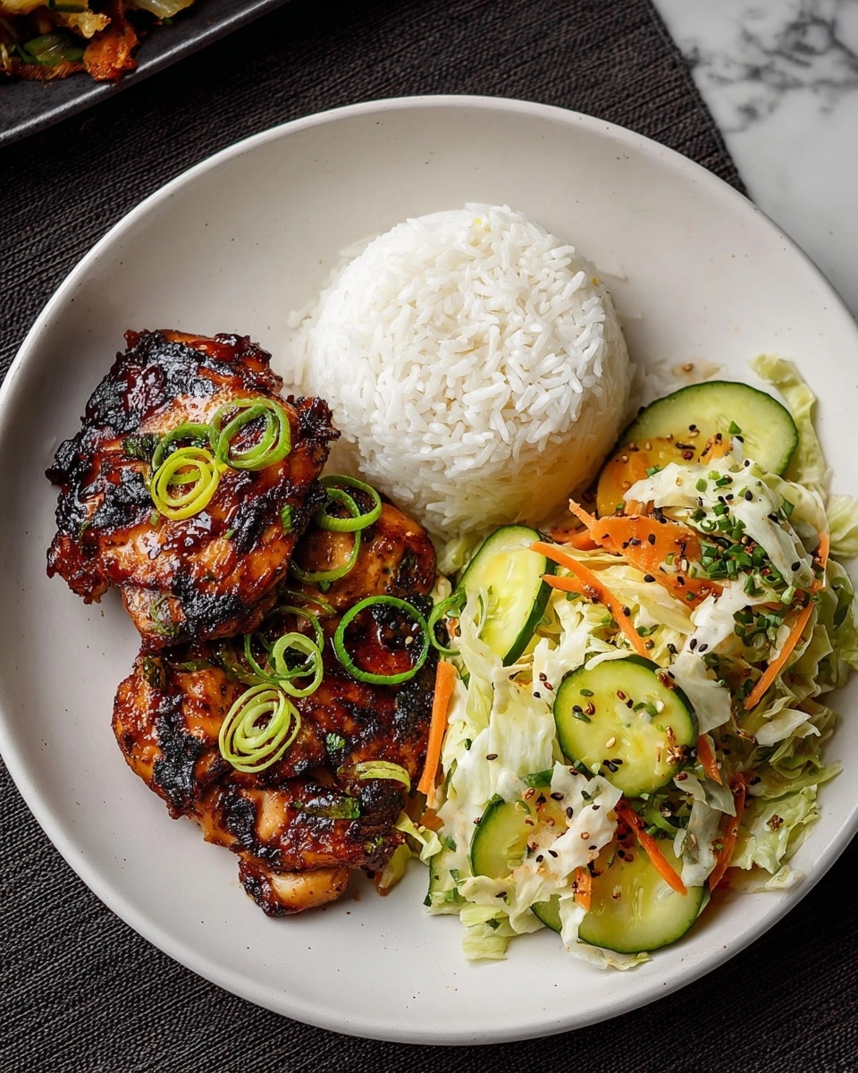 A white round plate holds three main layers: on the left, two pieces of grilled chicken with a dark brown and slightly charred glaze, topped with thin slices of bright green onion; in the center, a dome-shaped mound of plain white rice with a soft, fluffy texture; on the right, a fresh salad composed of thinly sliced light green cabbage, bright green cucumber slices, translucent yellow pepper strips, and orange carrot pieces, all mixed with black sesame seeds and small green herbs. The plate sits on a dark textured surface with a white marbled texture background visible near the edges. photo taken with an iphone --ar 4:5 --v 7