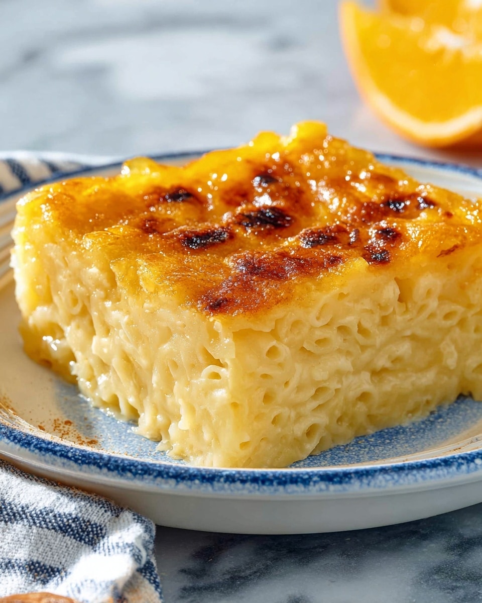 The image shows a square piece of baked macaroni and cheese on a white plate with blue trim. The macaroni has a thick, golden-yellow top layer that looks slightly glossy and browned in spots, showing it was baked. Underneath, the pasta is pale yellow and soft with visible noodles packed closely together forming a dense layer. The plate sits on a white marbled surface with a blurred striped cloth and an orange slice in the background. photo taken with an iphone --ar 4:5 --v 7