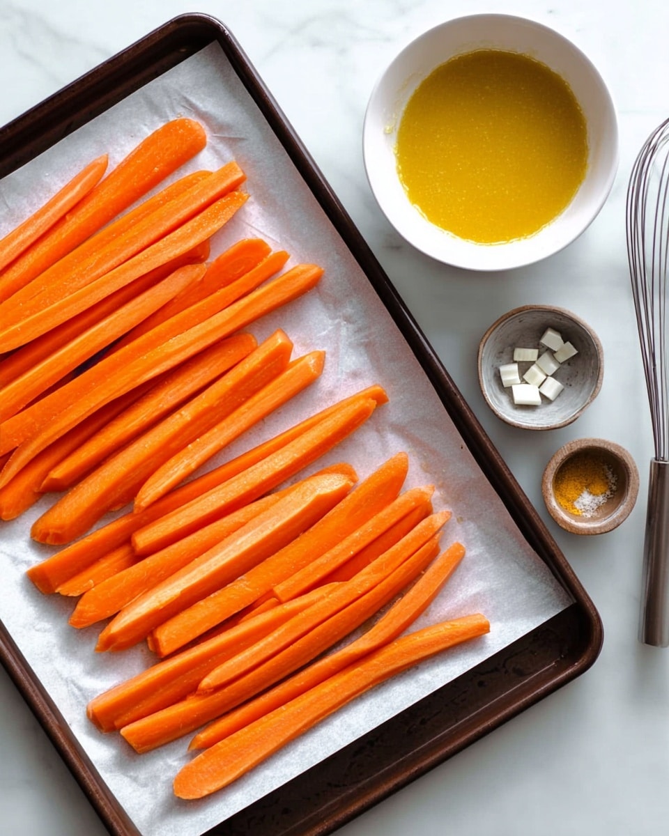 A baking tray lined with white paper holds one layer of long, bright orange carrot sticks that are neatly arranged side by side with smooth, slightly shiny surfaces and tapered ends. To the upper right of the tray, a small white bowl contains a thick, yellow sauce with visible small white pieces inside it. Near the bowl, a metal whisk and two small containers of seasoning are placed on the white marbled surface. The image captures the fresh, simple prep setup before cooking, photo taken with an iphone --ar 4:5 --v 7