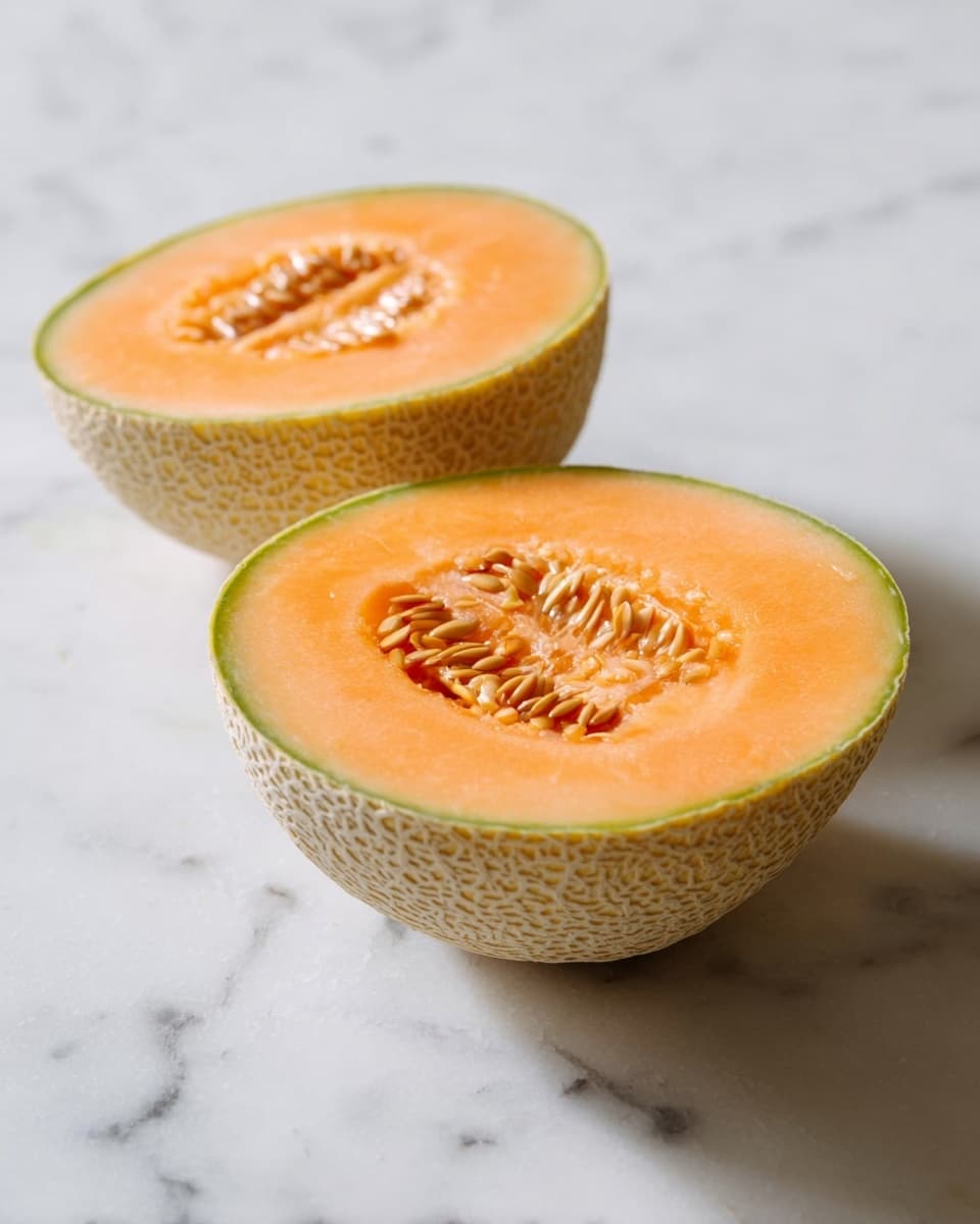 Two halves of a cantaloupe melon are shown on a white marbled surface with seeds visible in the hollow centers. The outer skin is rough and beige with a greenish edge where it meets the bright orange flesh. The melon halves are placed close to each other, one slightly behind the other, showing the textured rind and smooth inner flesh clearly. Photo taken with an iphone --ar 4:5 --v 7