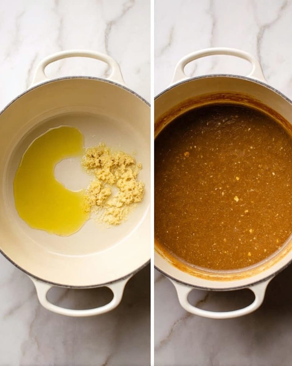A white cooking pot sits on a white marbled surface, shown in two steps: the first image shows the pot with a small pool of light golden oil and two small mounds of pale yellow garlic paste on the empty bottom; the second image shows the pot filled with a smooth, thick brown sauce that has tiny bits of ingredients visible and covers the bottom evenly, with a subtle shine on its surface. photo taken with an iphone --ar 4:5 --v 7