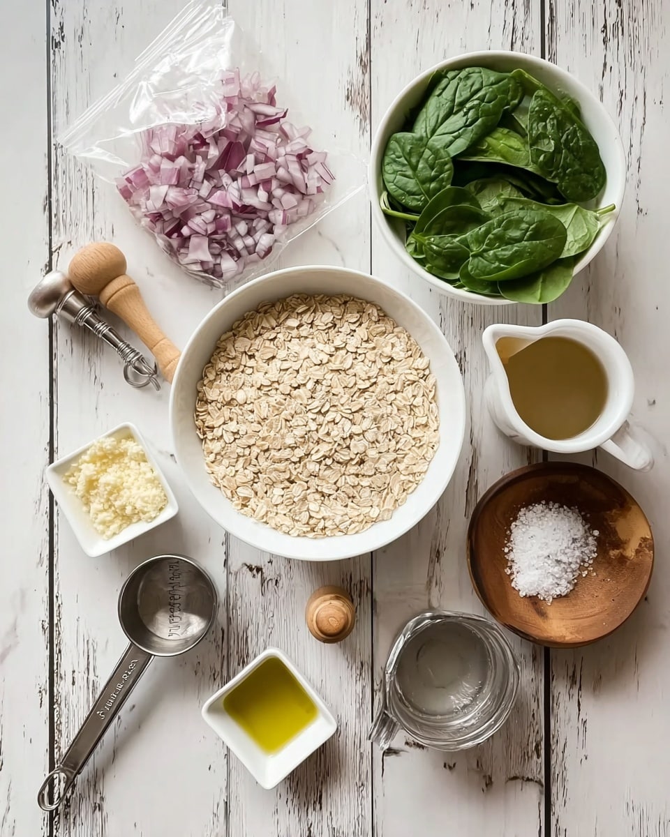 The image shows a top view of a white wooden surface with several cooking ingredients arranged neatly. In the center, there is a white bowl filled with beige oats, surrounded by a small white bowl of fresh green spinach leaves on the left, a small white square dish of crushed garlic below the oats, and a white measuring cup filled with clear vegetable broth at the top right. Near the bottom left, there is a silver measuring cup with a white powdery ingredient, and beside it, a small amount of yellow olive oil in a thin white container. On the top left, there is a clear plastic bag filled with diced purple onions. To the right, there is a wooden grinder and a round wooden dish with coarse salt. The whole setup is on a white marbled surface photo taken with an iphone --ar 4:5 --v 7