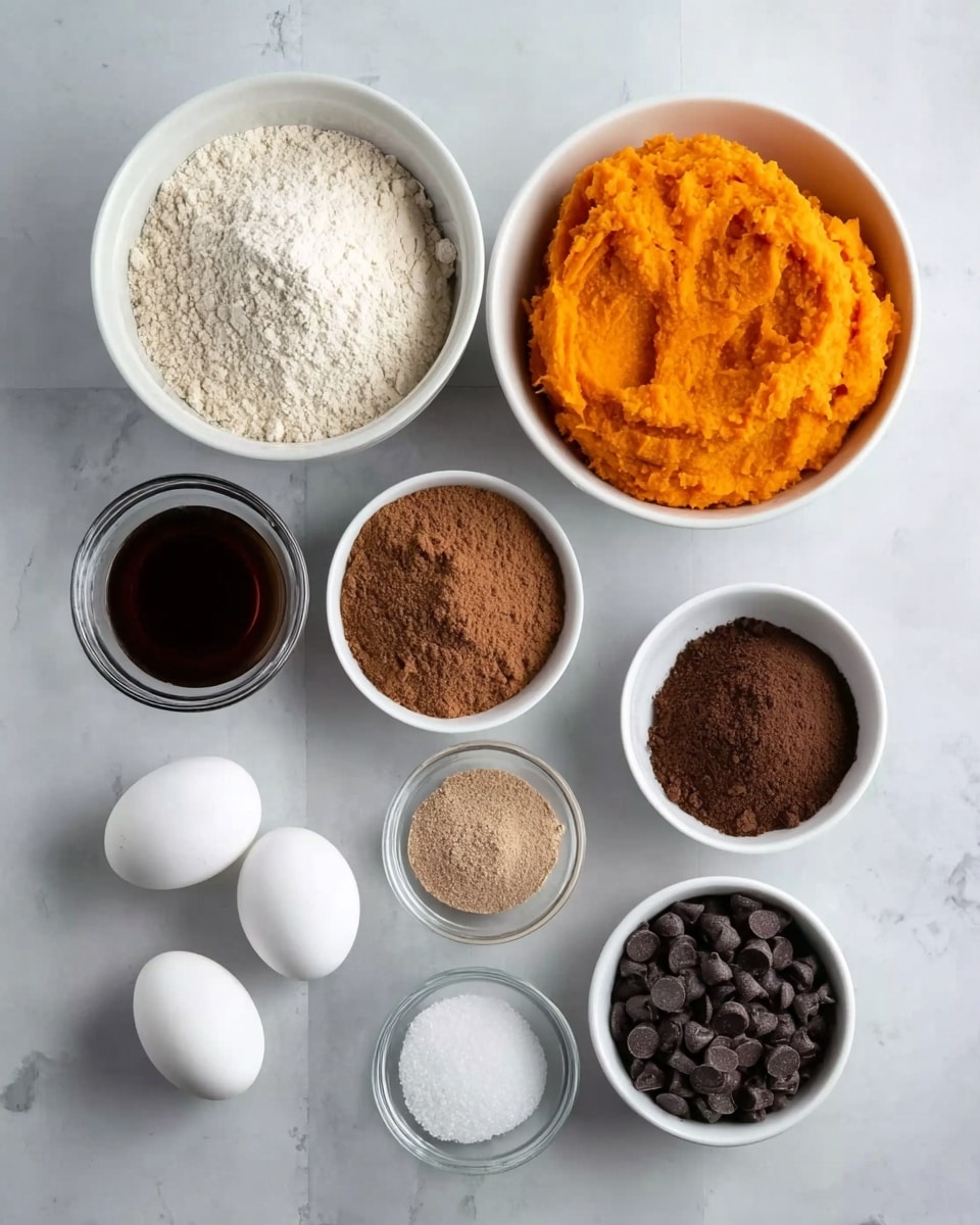 The image shows eight small white bowls arranged neatly on a white marbled surface. The largest bowl in the top right holds bright orange mashed sweet potatoes with a smooth texture. To the left of it is a large bowl filled with light beige flour. Below these are smaller bowls: one with fine brown cocoa powder, another with light brown sugar, and another with fine white salt. There are two glass bowls with dark brown liquid and white baking soda, respectively. The bottom left corner has two white eggs placed directly on the surface, and the bottom right bowl contains dark brown chocolate chips. All items are evenly spaced and clearly visible, photo taken with an iphone --ar 4:5 --v 7