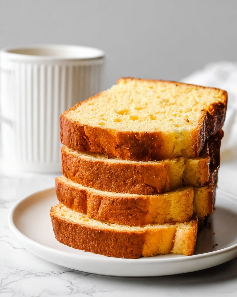 A stack of four thick slices of golden brown bread with a slightly darker crust on the outside and a soft, moist yellow inside. Each slice shows a textured, uneven surface with small air pockets and crumbly edges. The slices are neatly piled on top of each other on a plain white plate, all resting on a white marbled surface. In the background, there is a blurred white ceramic cup with subtle decorative ridges. The photo is taken with an iphone --ar 4:5 --v 7