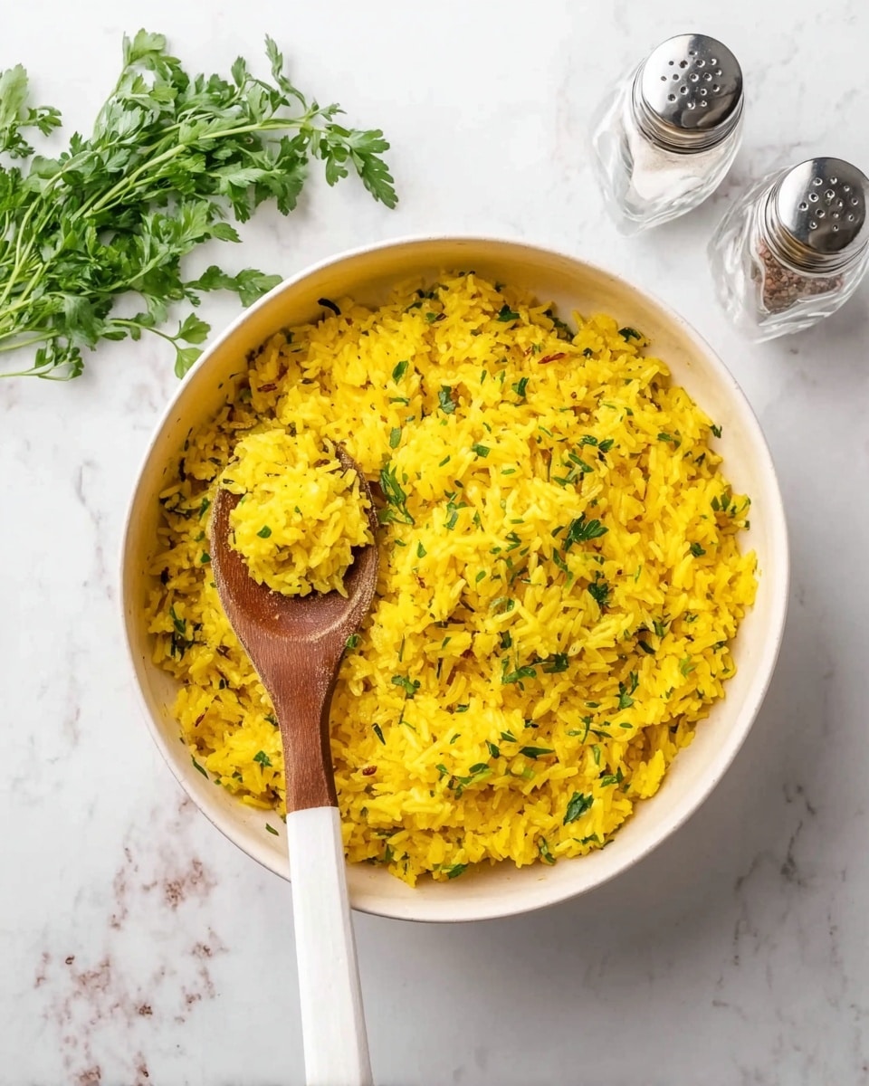 A white bowl filled with bright yellow rice mixed with small green herb pieces, showing a soft and fluffy texture. A wooden spoon with a white handle rests inside the bowl on the left side, partially scooping some rice. Fresh green herbs lie on the white marbled surface at the top left corner. Two glass salt and pepper shakers are positioned to the top right of the bowl. The overall setting is bright with natural light. photo taken with an iphone --ar 4:5 --v 7